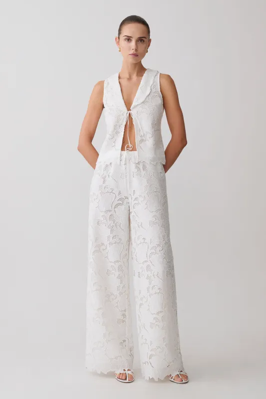 Tessa Broderie Straight Leg Pants - White made by Meshki