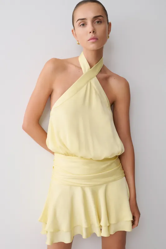 Poppy Satin Halter Mini Dress - Lemon sold by Meshki