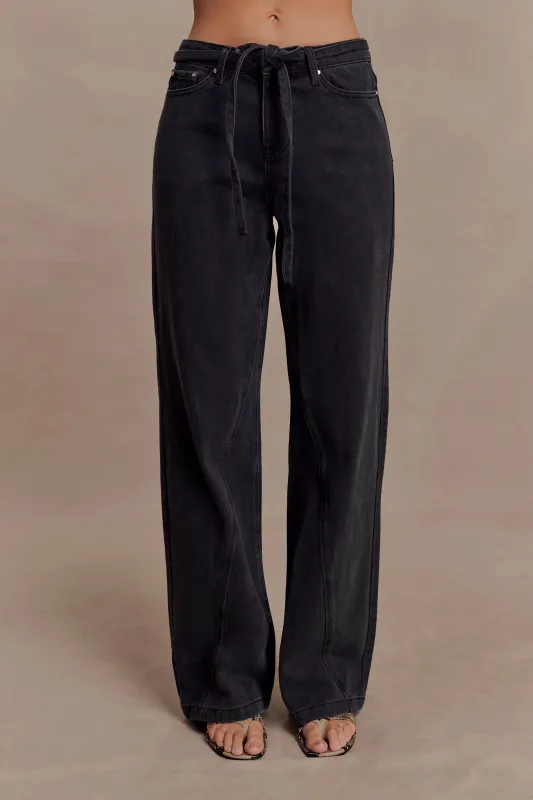 Perrie Mid Rise Straight Leg Tie Jeans - Washed Black sold by Meshki