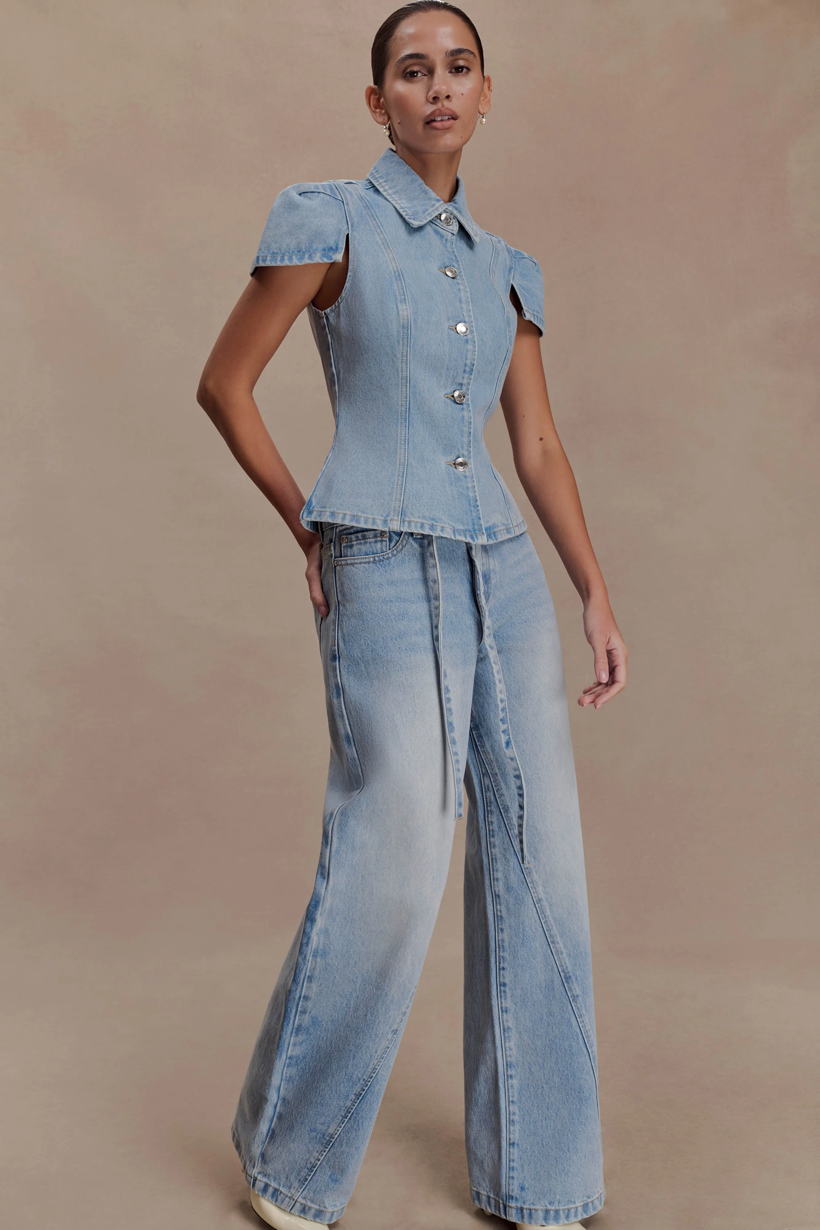 Perrie Mid Rise Straight Leg Tie Jeans - Washed Light Blue sold by Meshki product image thumbnail 5