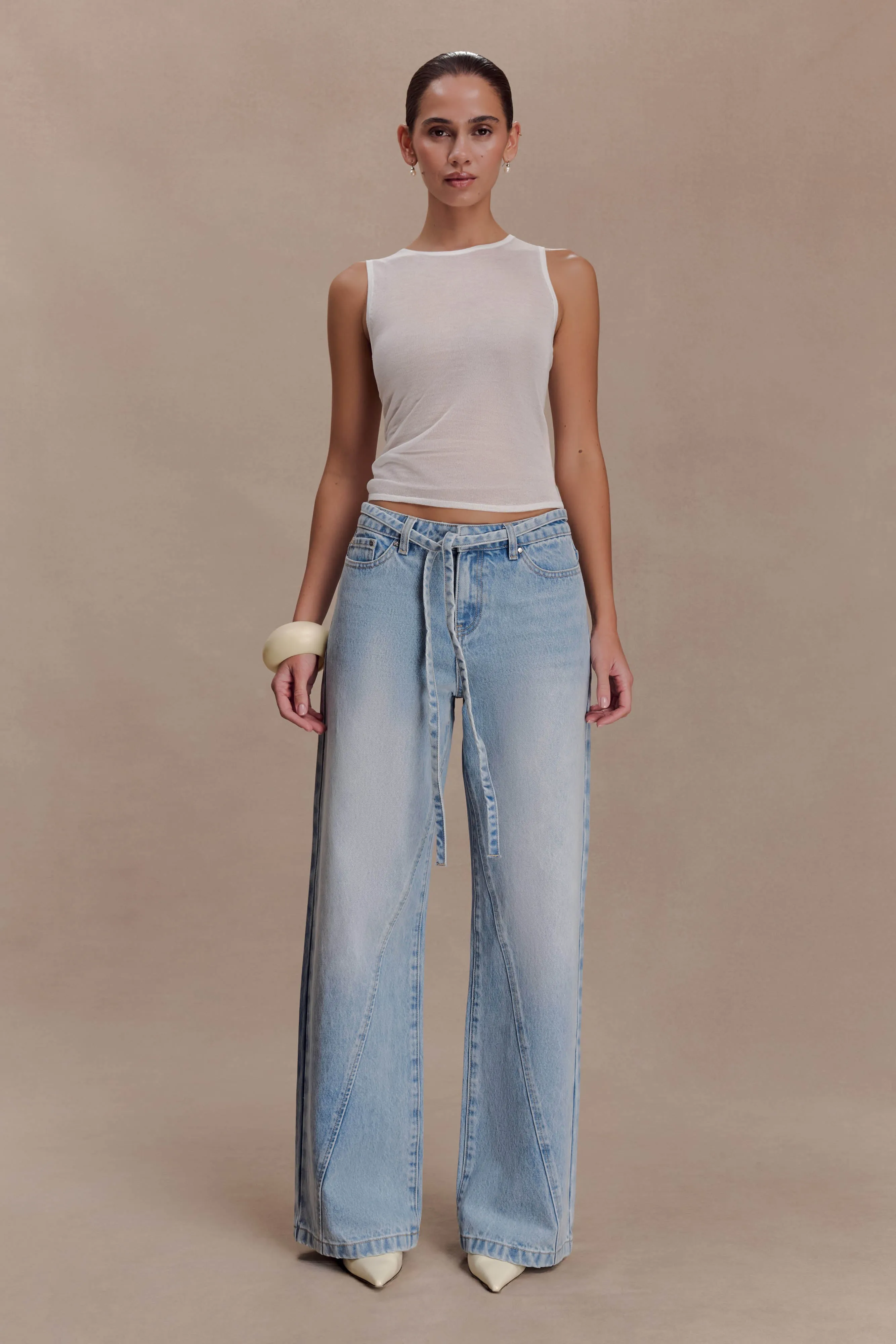 Perrie Mid Rise Straight Leg Tie Jeans - Washed Light Blue sold by Meshki product image thumbnail 3
