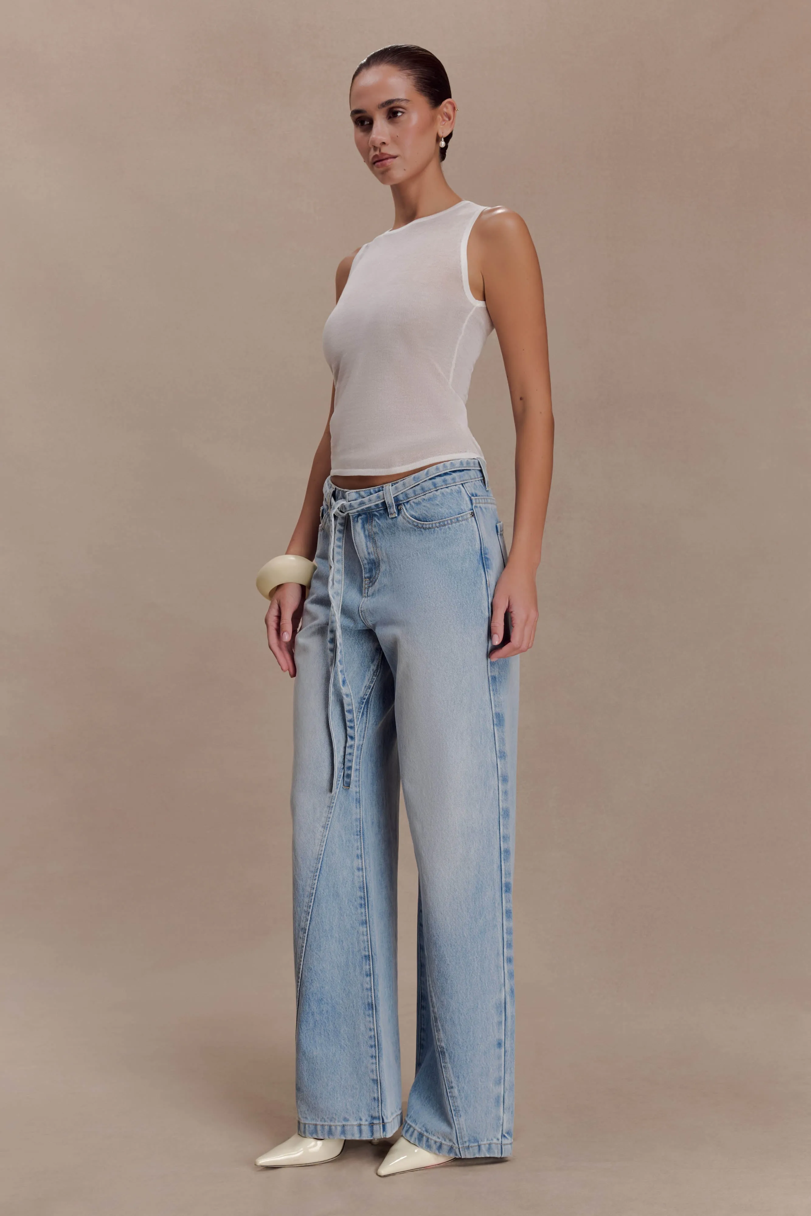 Perrie Mid Rise Straight Leg Tie Jeans - Washed Light Blue sold by Meshki product image thumbnail 4