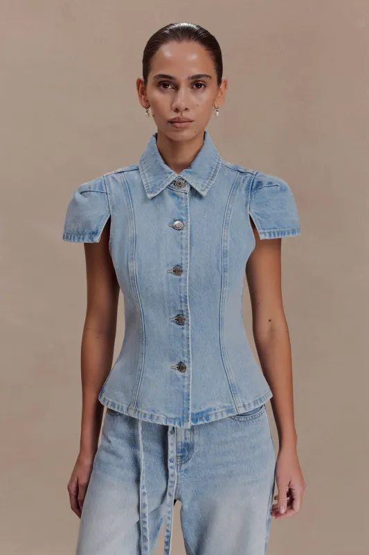 Bently Short Sleeve Denim Top - Washed Light Blue made by Meshki