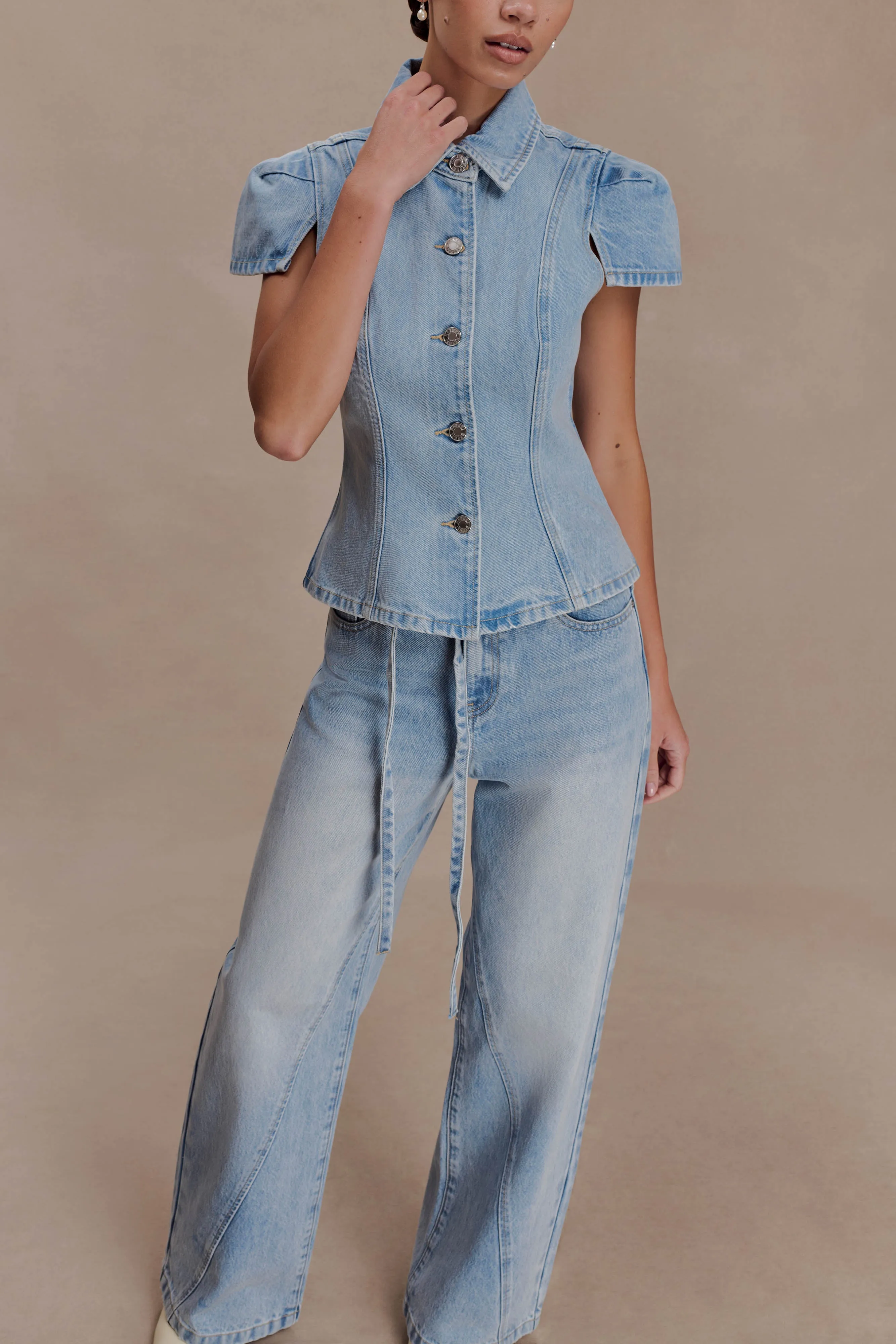 Bently Short Sleeve Denim Top - Washed Light Blue sold by Meshki product image thumbnail 3