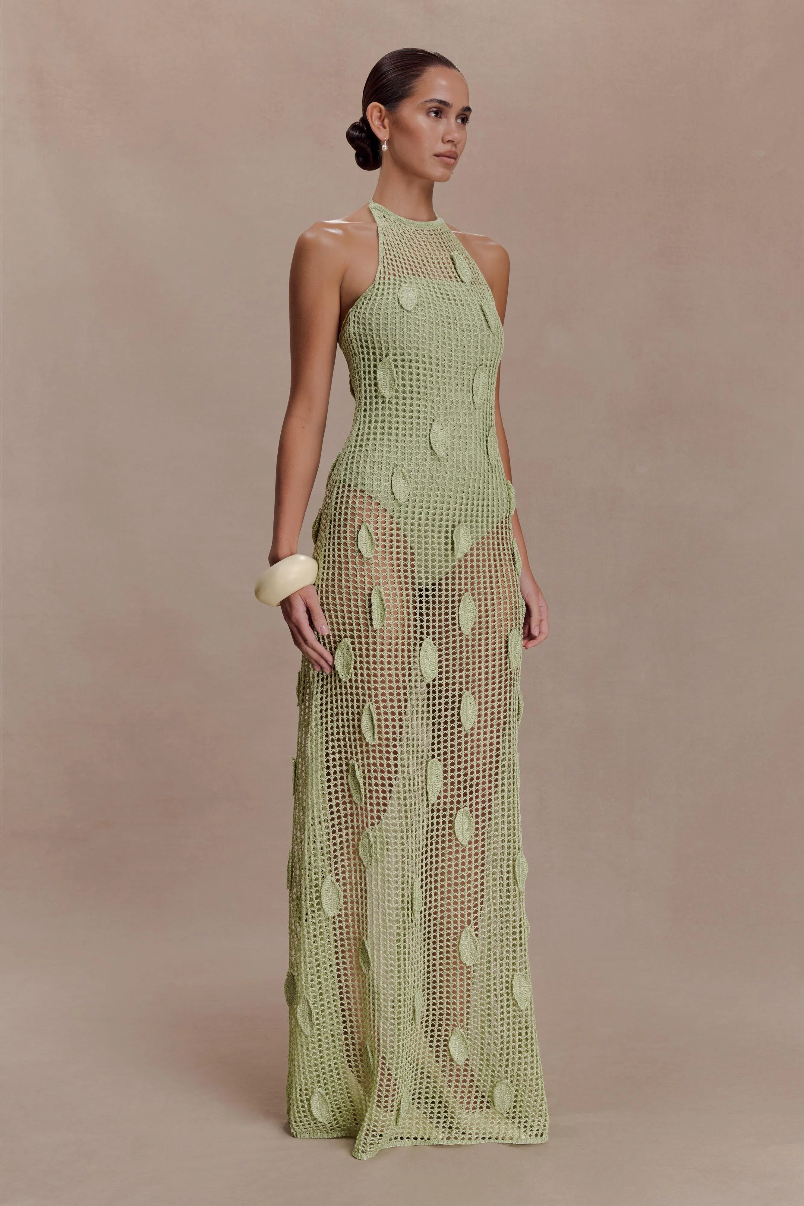 Elfie Crochet Halter Maxi Dress - Pastel Green sold by Meshki product image thumbnail 4