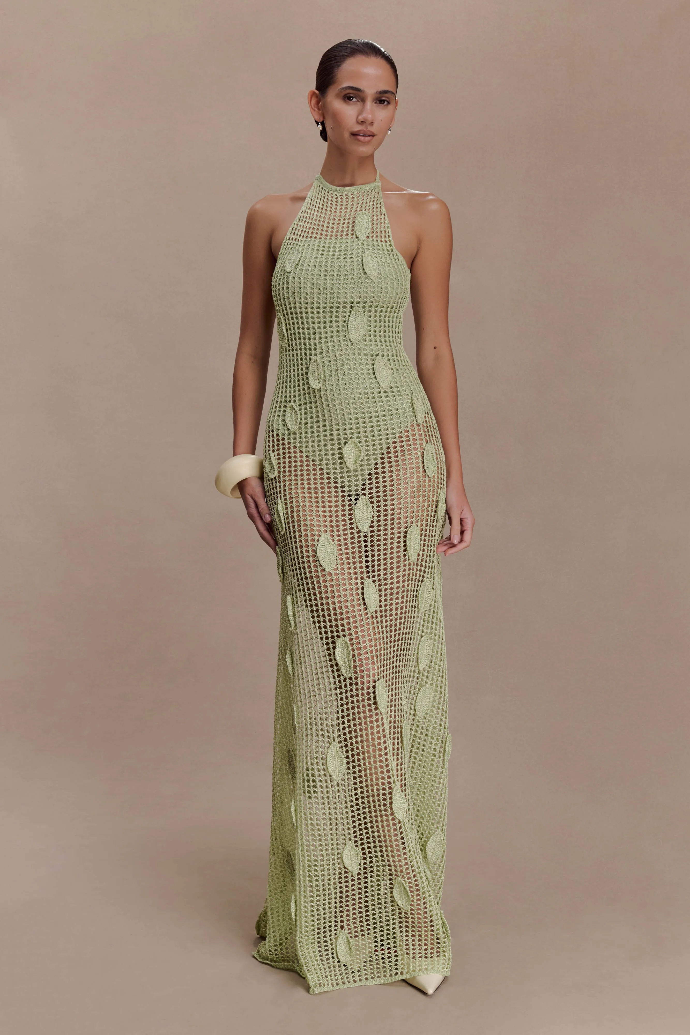 Elfie Crochet Halter Maxi Dress - Pastel Green sold by Meshki product image thumbnail 5