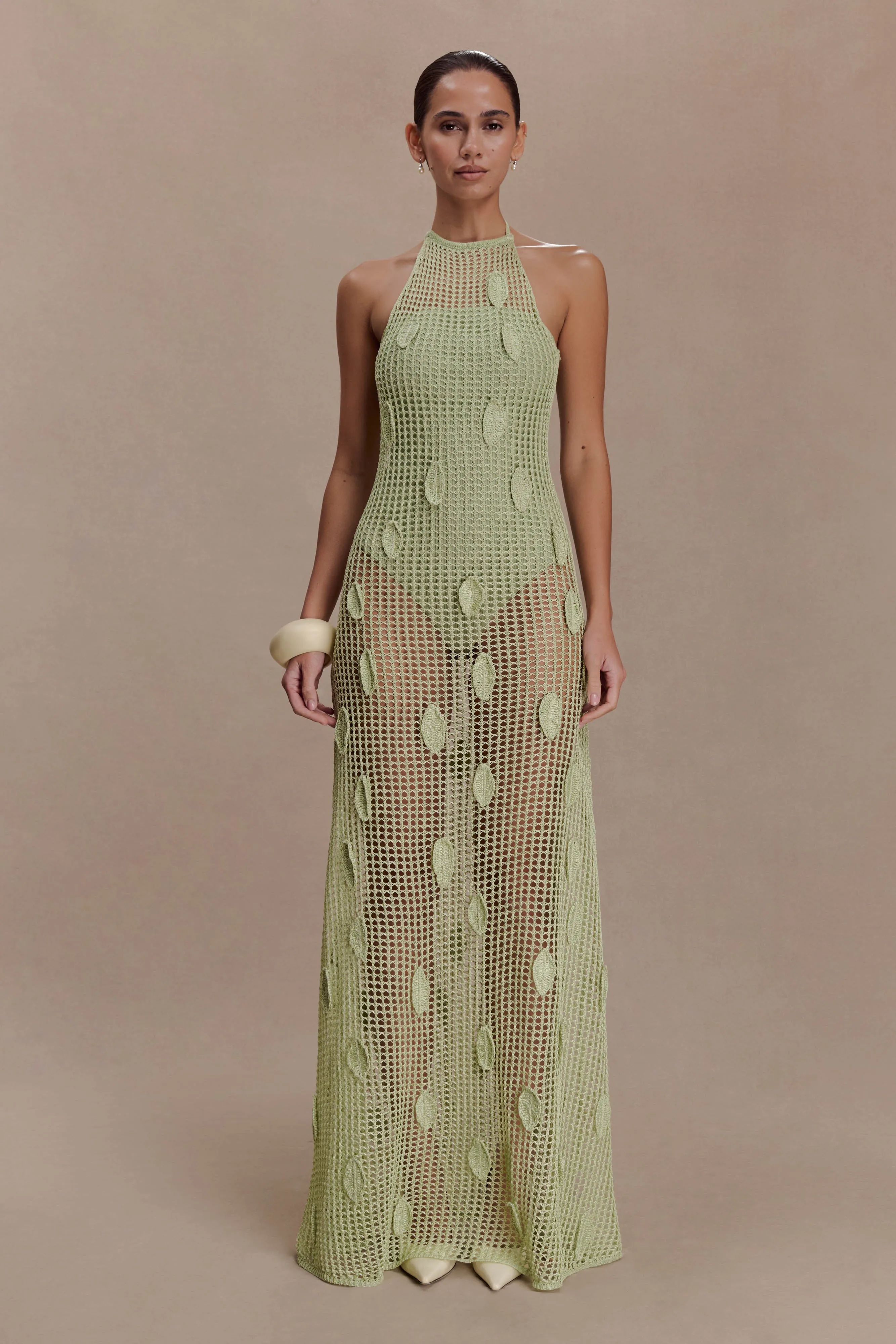 Elfie Crochet Halter Maxi Dress - Pastel Green sold by Meshki