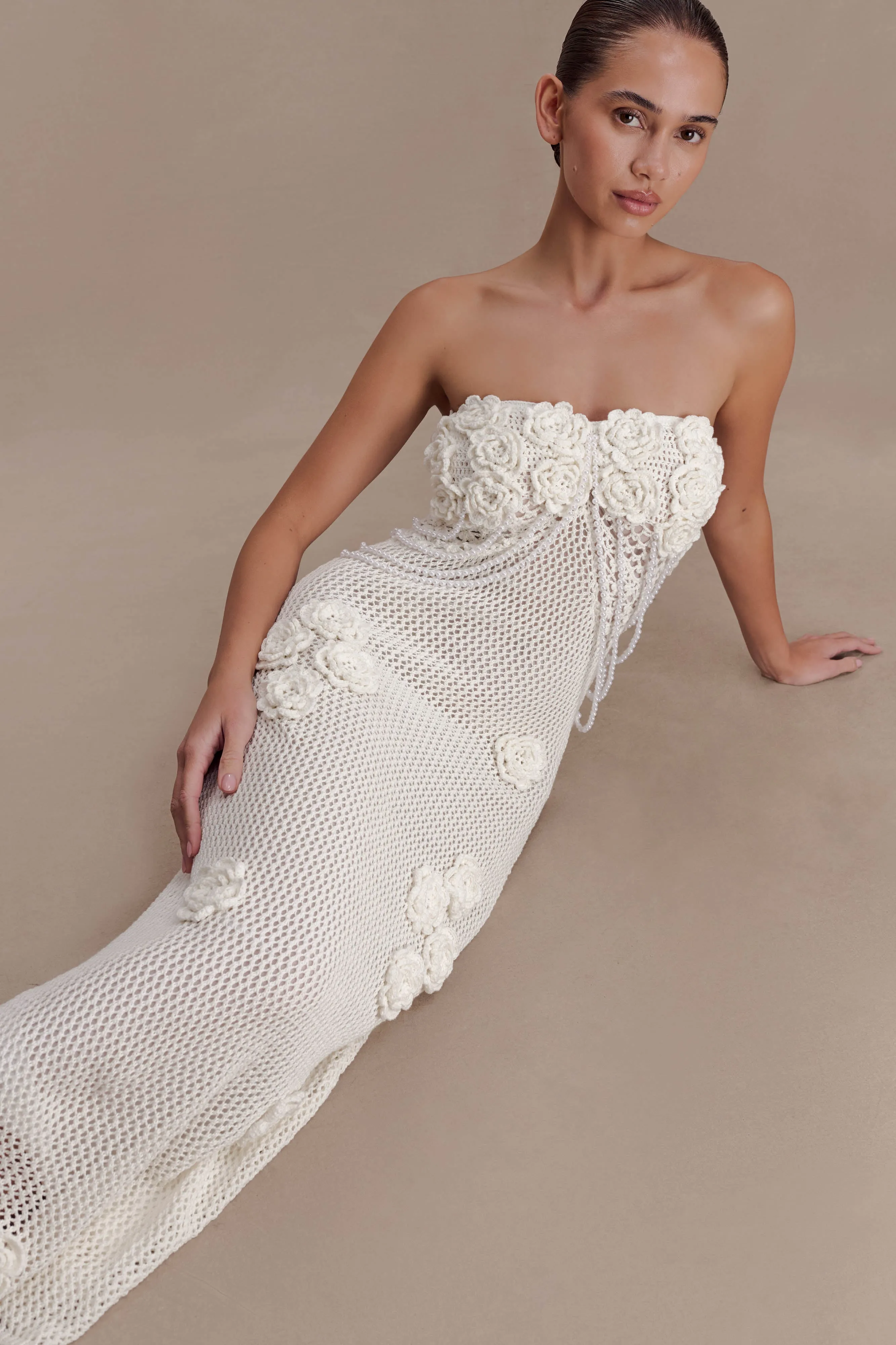 Samantha Crochet Midi Dress With Flowers - Ivory sold by Meshki product image thumbnail 3