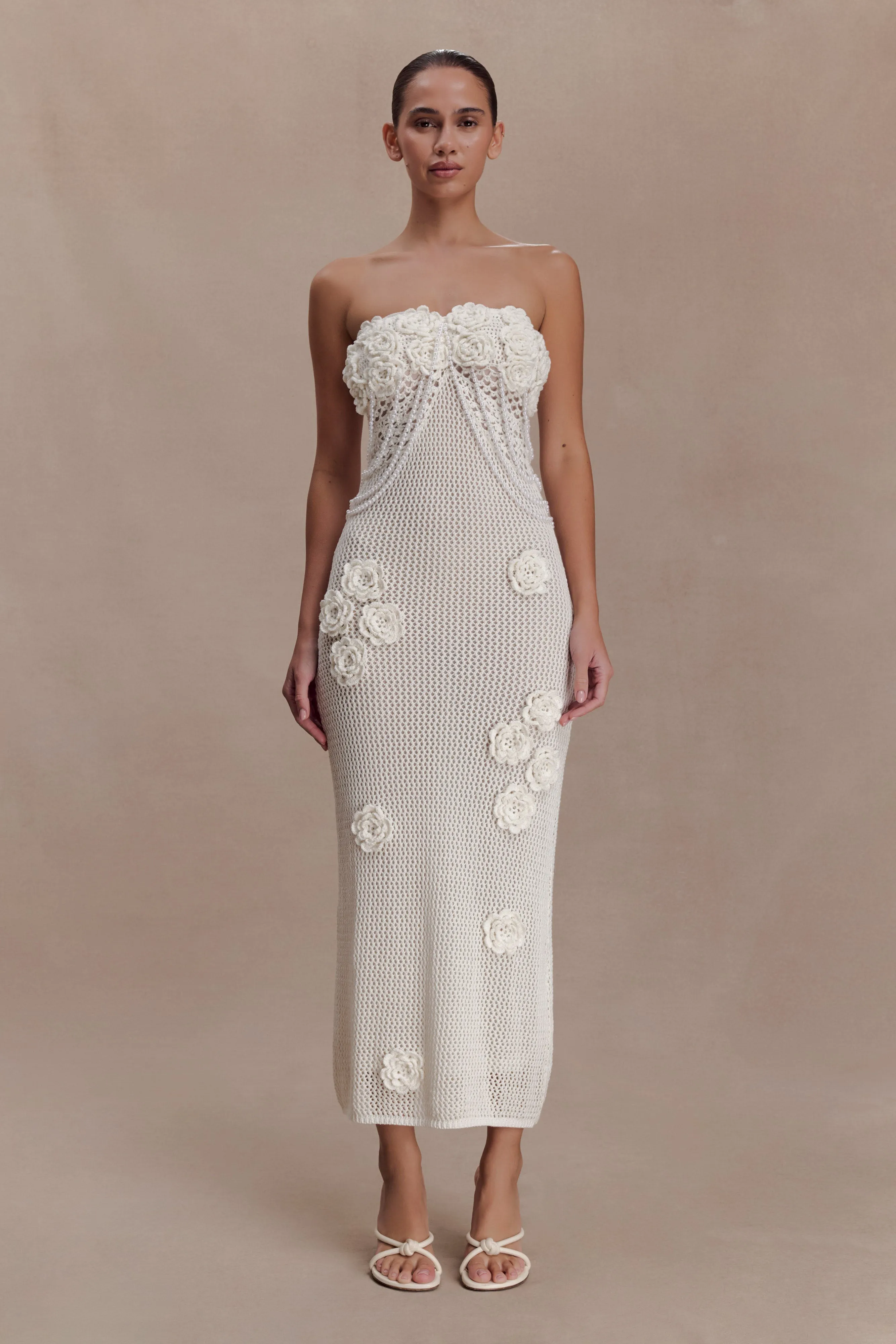 Samantha Crochet Midi Dress With Flowers - Ivory sold by Meshki