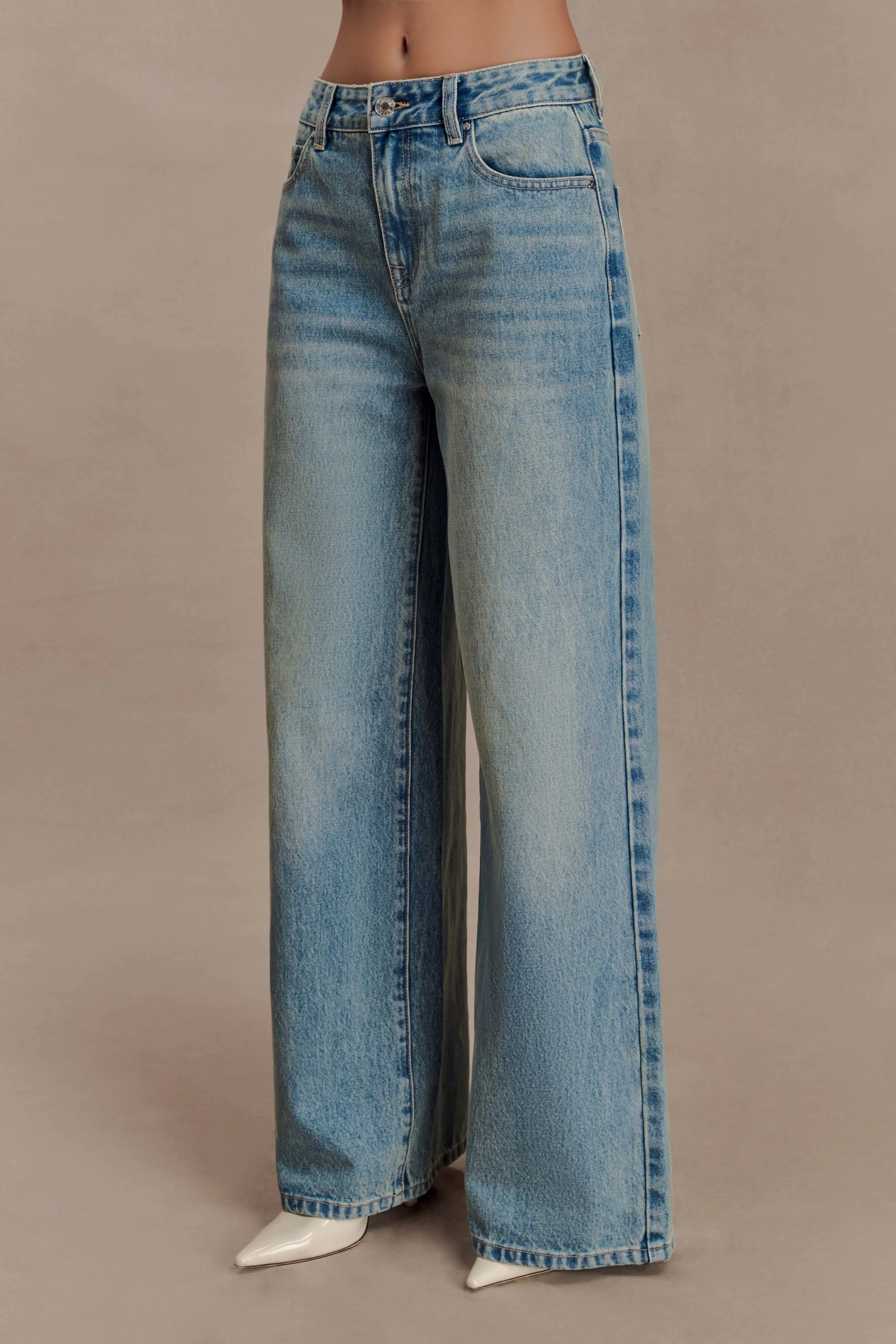 Romi Mid Rise Wide Leg Jeans - Faded Mid Blue sold by Meshki product image thumbnail 4