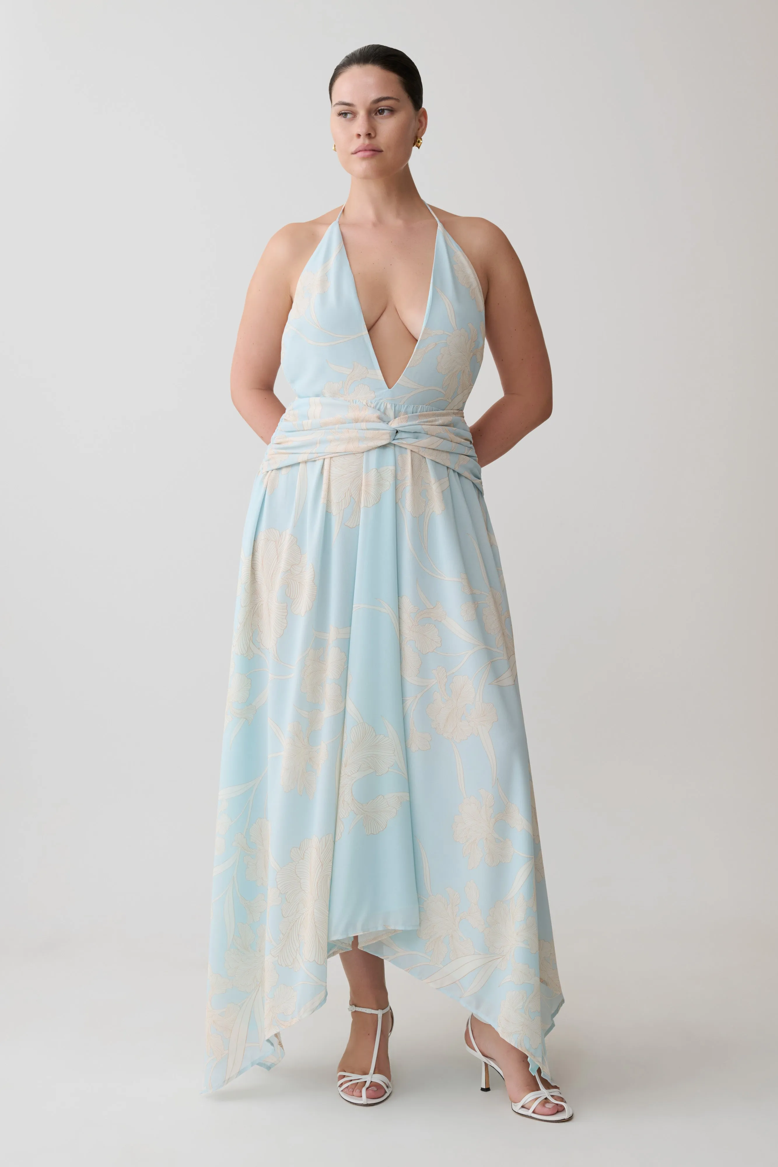 Cyra Plunge Chiffon Midi Dress - Blue Floral Print sold by Meshki