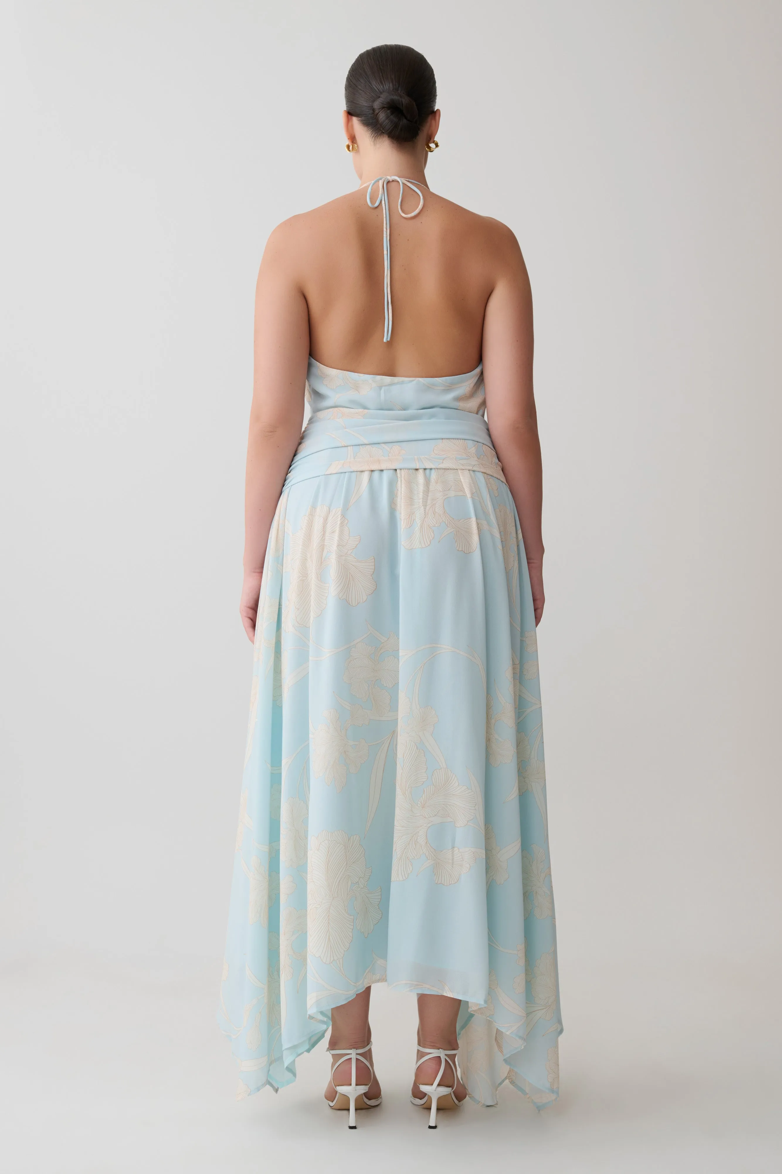 Cyra Plunge Chiffon Midi Dress - Blue Floral Print sold by Meshki product image thumbnail 2