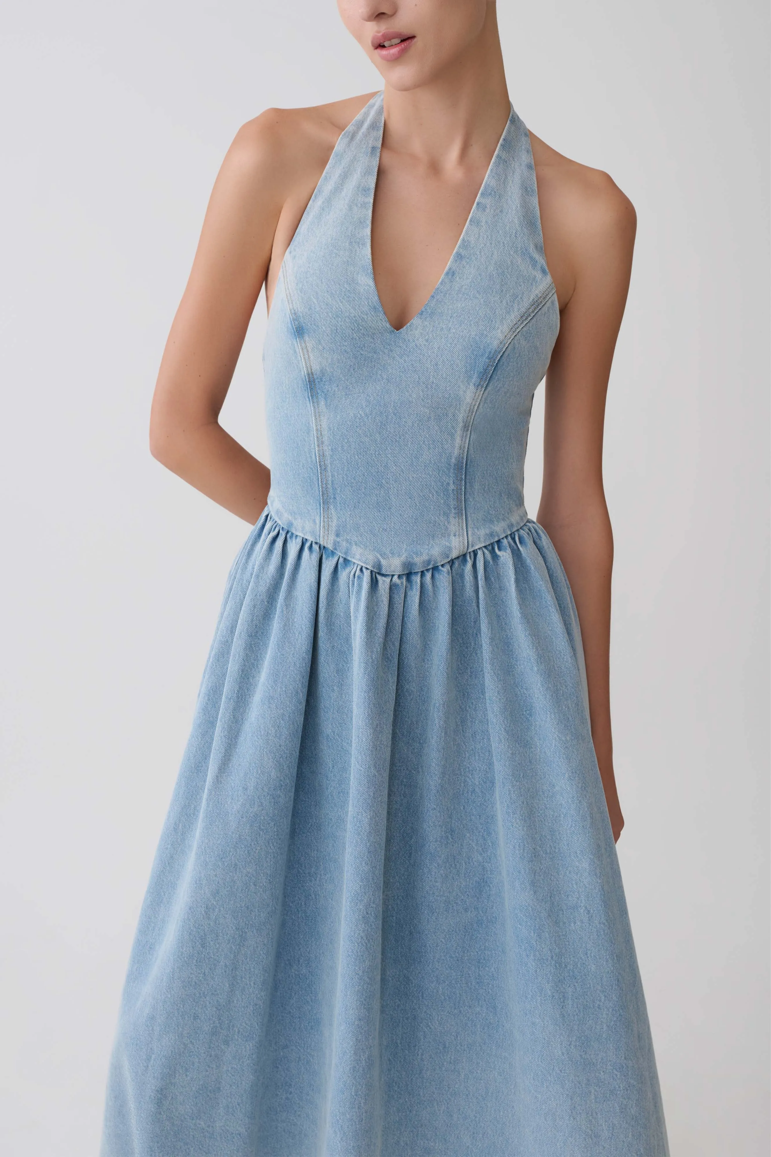 Miller Denim Halter Midi Dress - Classic Blue sold by Meshki product image thumbnail 3