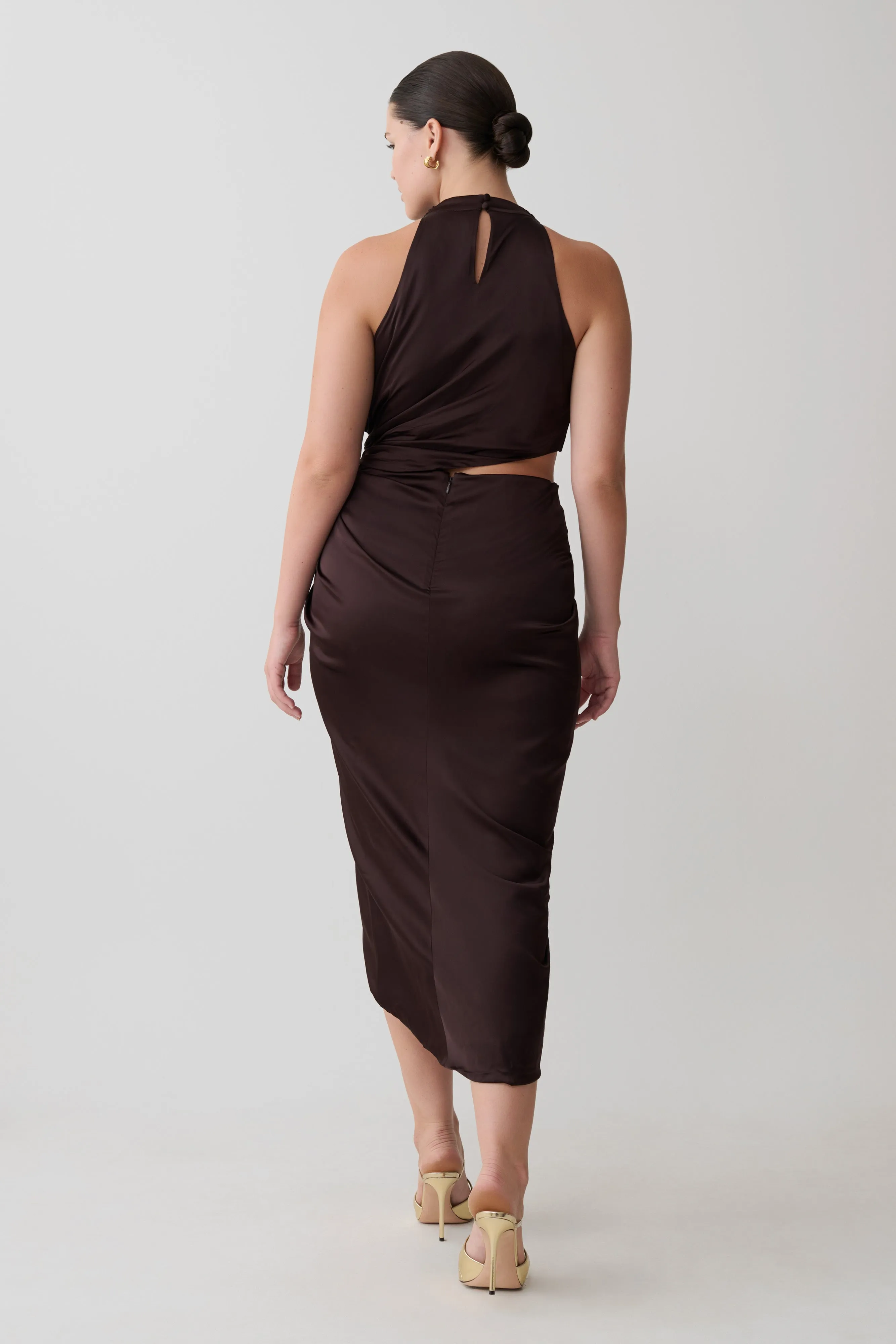 Aveline Draped Halter Midi Dress - Dark Chocolate sold by Meshki product image thumbnail 2