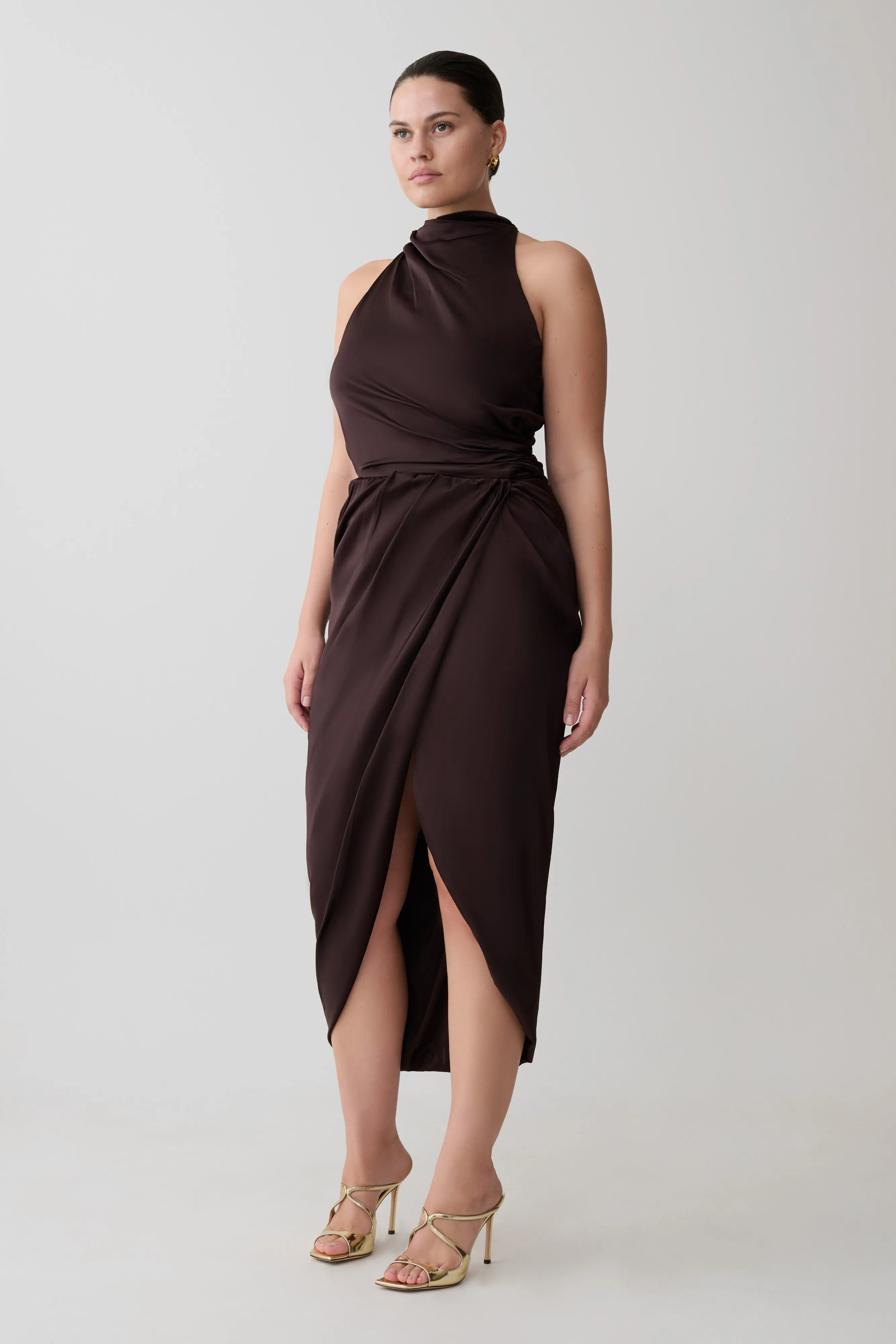 Aveline Draped Halter Midi Dress - Dark Chocolate sold by Meshki product image thumbnail 3