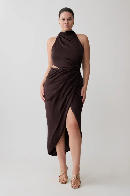 Aveline Draped Halter Midi Dress - Dark Chocolate sold by Meshki