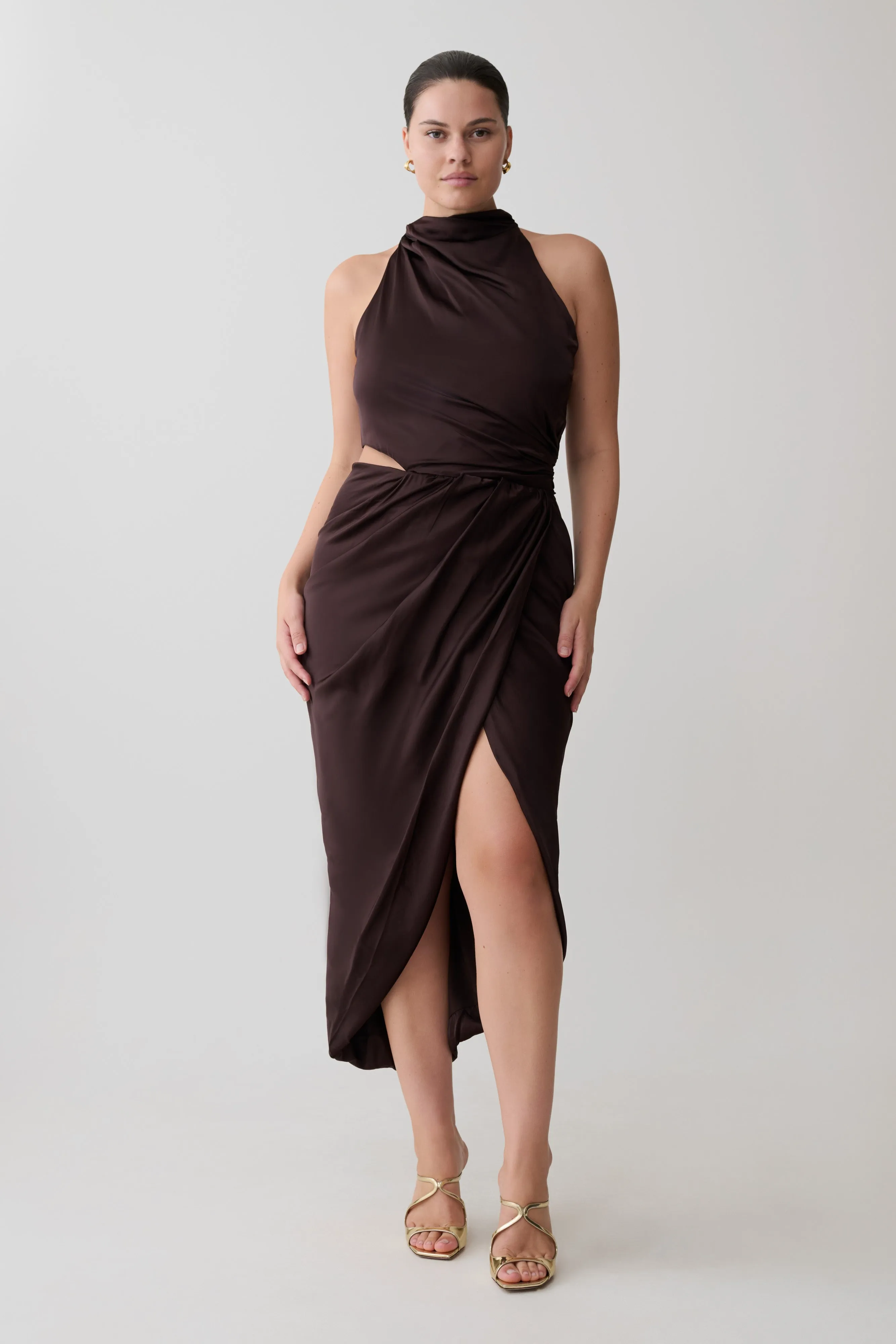 Aveline Draped Halter Midi Dress - Dark Chocolate sold by Meshki