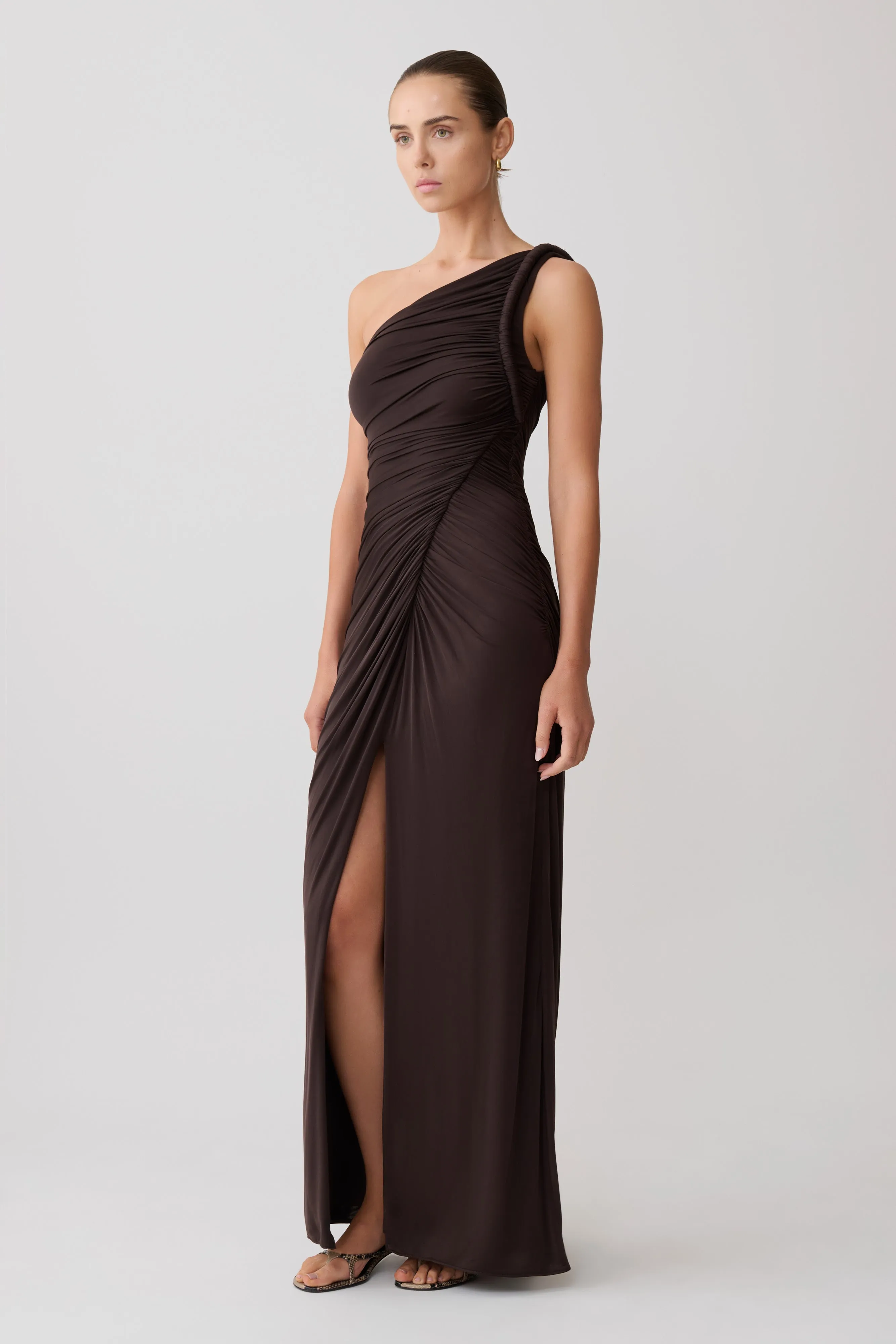 Ryn Twisted One Shoulder Maxi Dress - Dark Chocolate sold by Meshki product image thumbnail 4