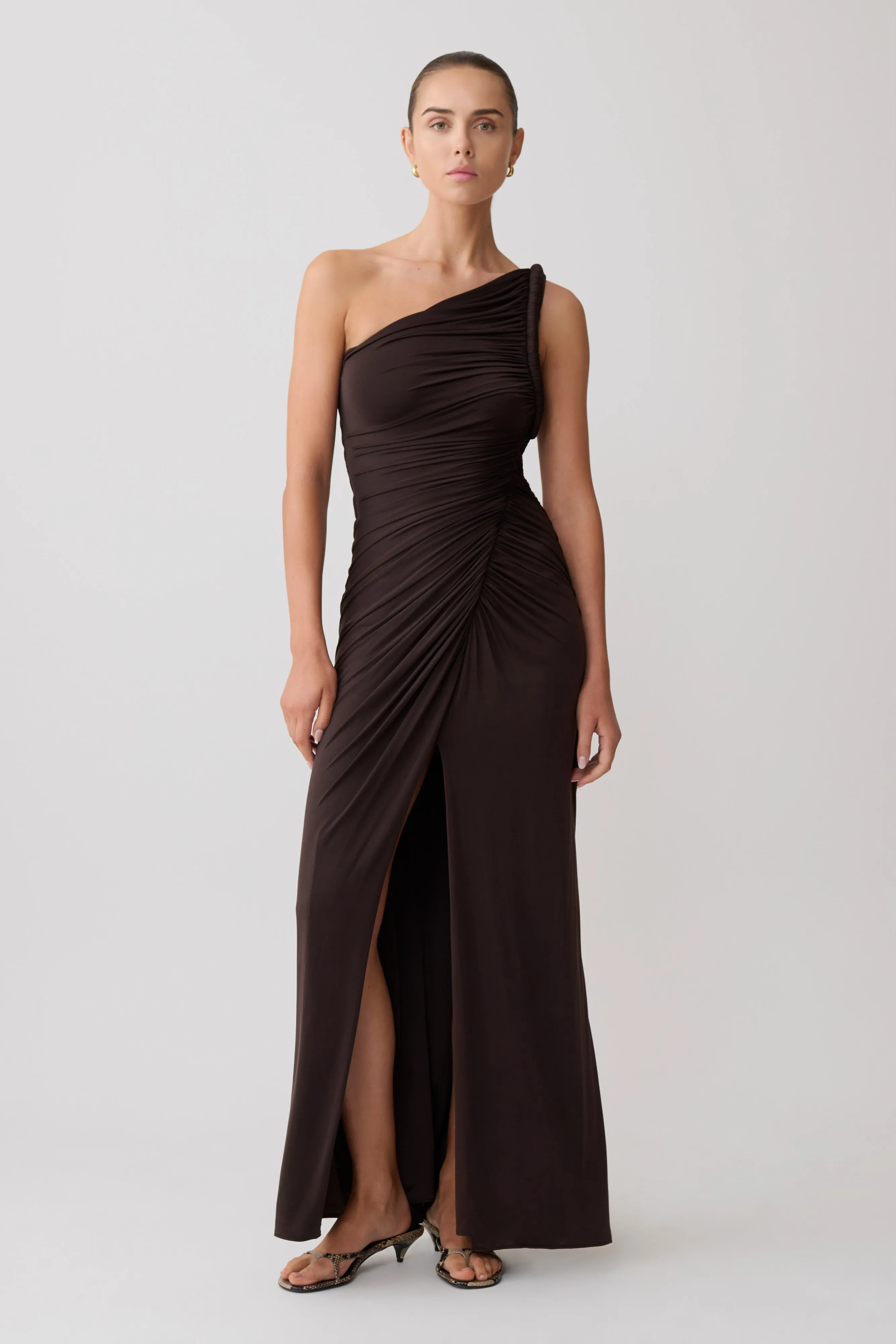 Ryn Twisted One Shoulder Maxi Dress - Dark Chocolate sold by Meshki product image thumbnail 5