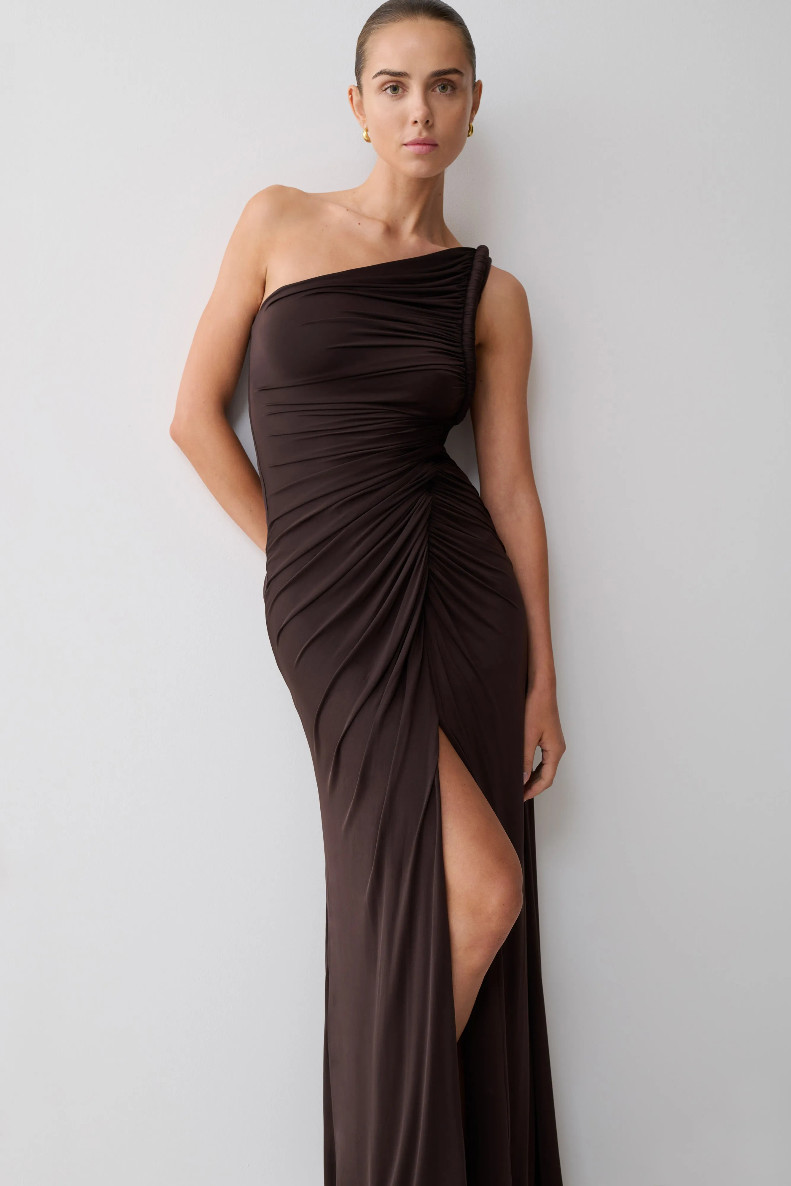 Ryn Twisted One Shoulder Maxi Dress - Dark Chocolate sold by Meshki product image thumbnail 3