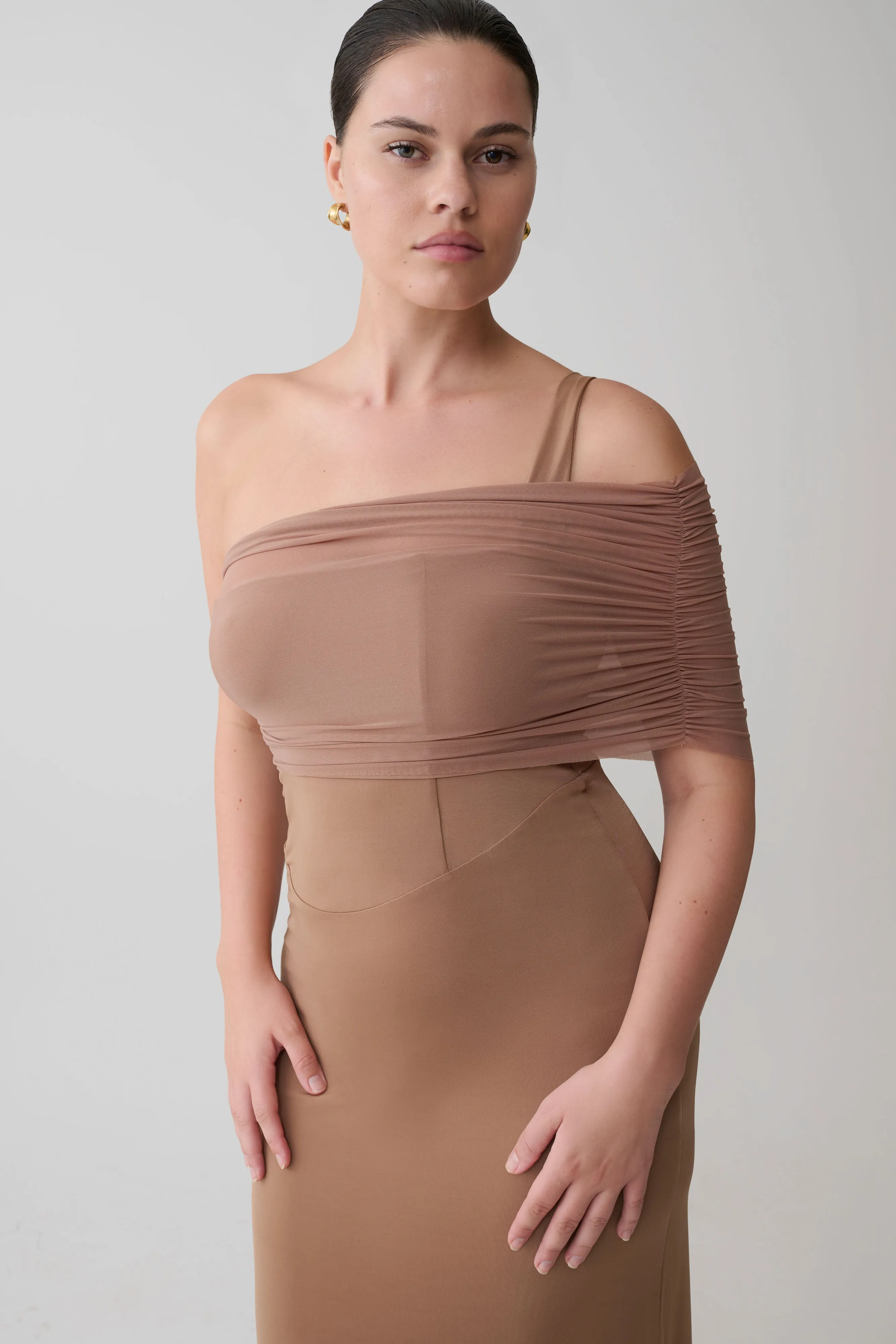 Hanh One Shoulder Mesh Maxi Dress - Tan sold by Meshki product image thumbnail 3
