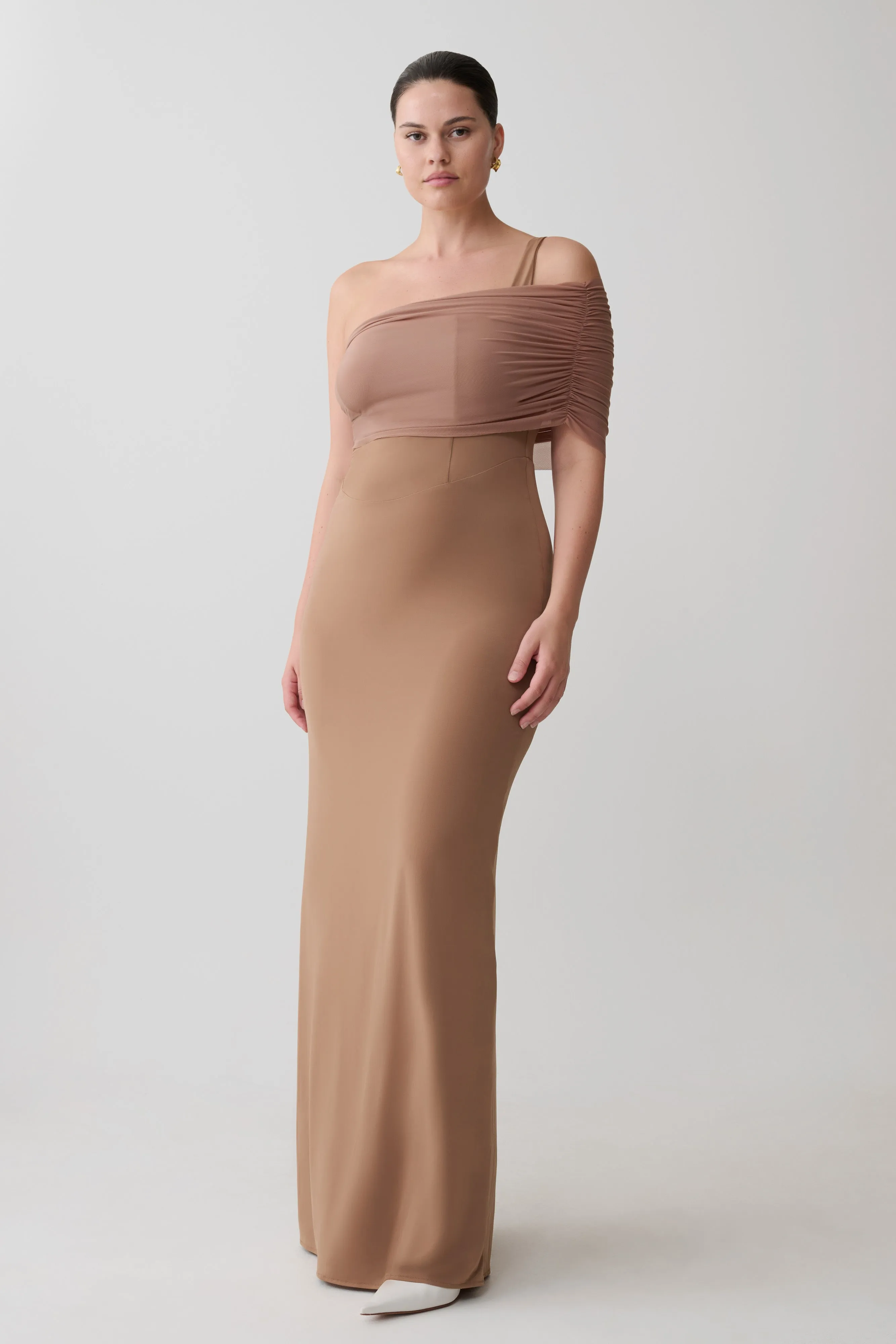 Hanh One Shoulder Mesh Maxi Dress - Tan sold by Meshki