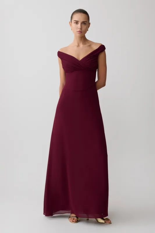 Mabel Off Shoulder Chiffon Maxi Dress - Merlot sold by Meshki