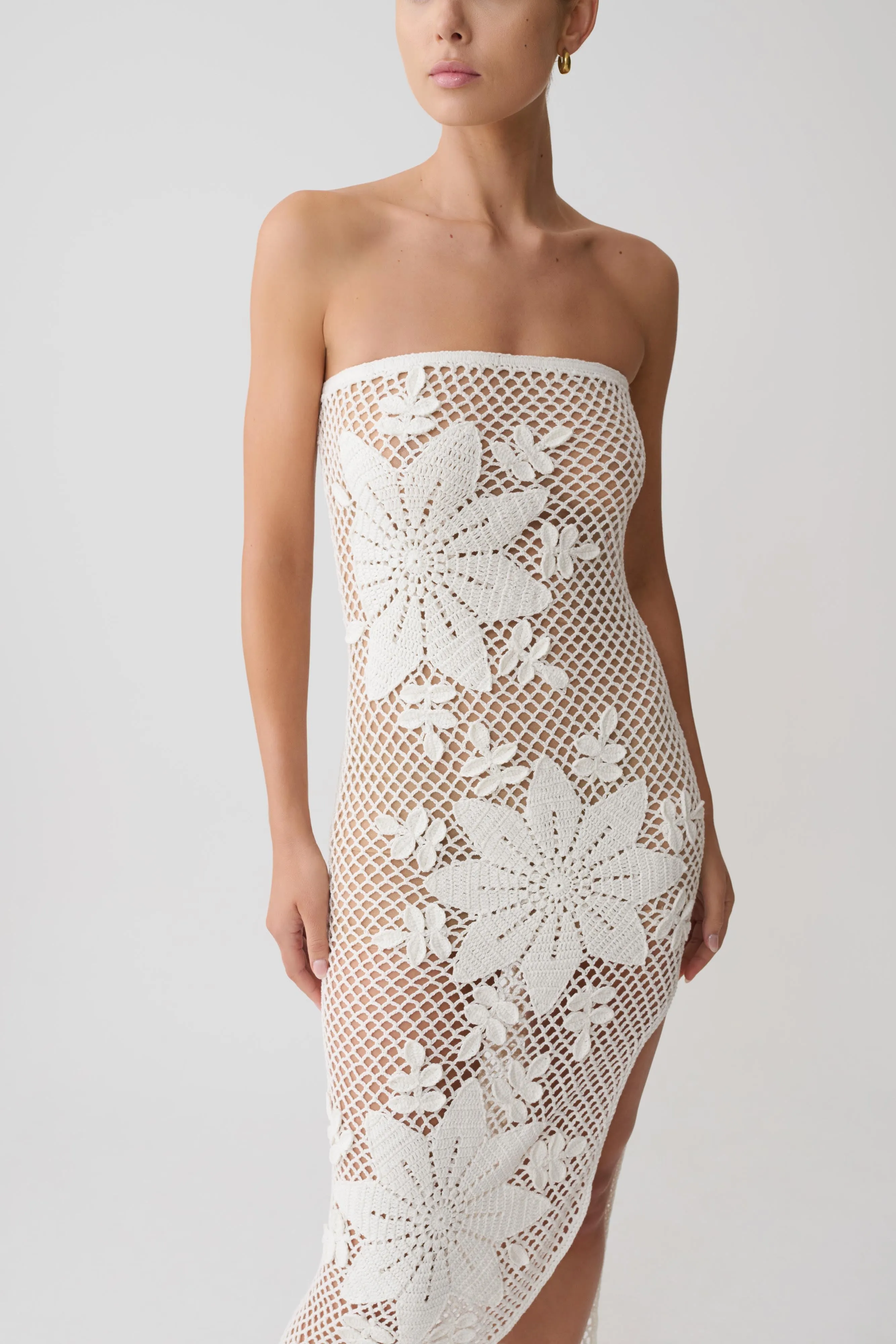 Mandie Hand Crochet Asymmetrical Maxi Dress - White sold by Meshki product image thumbnail 4