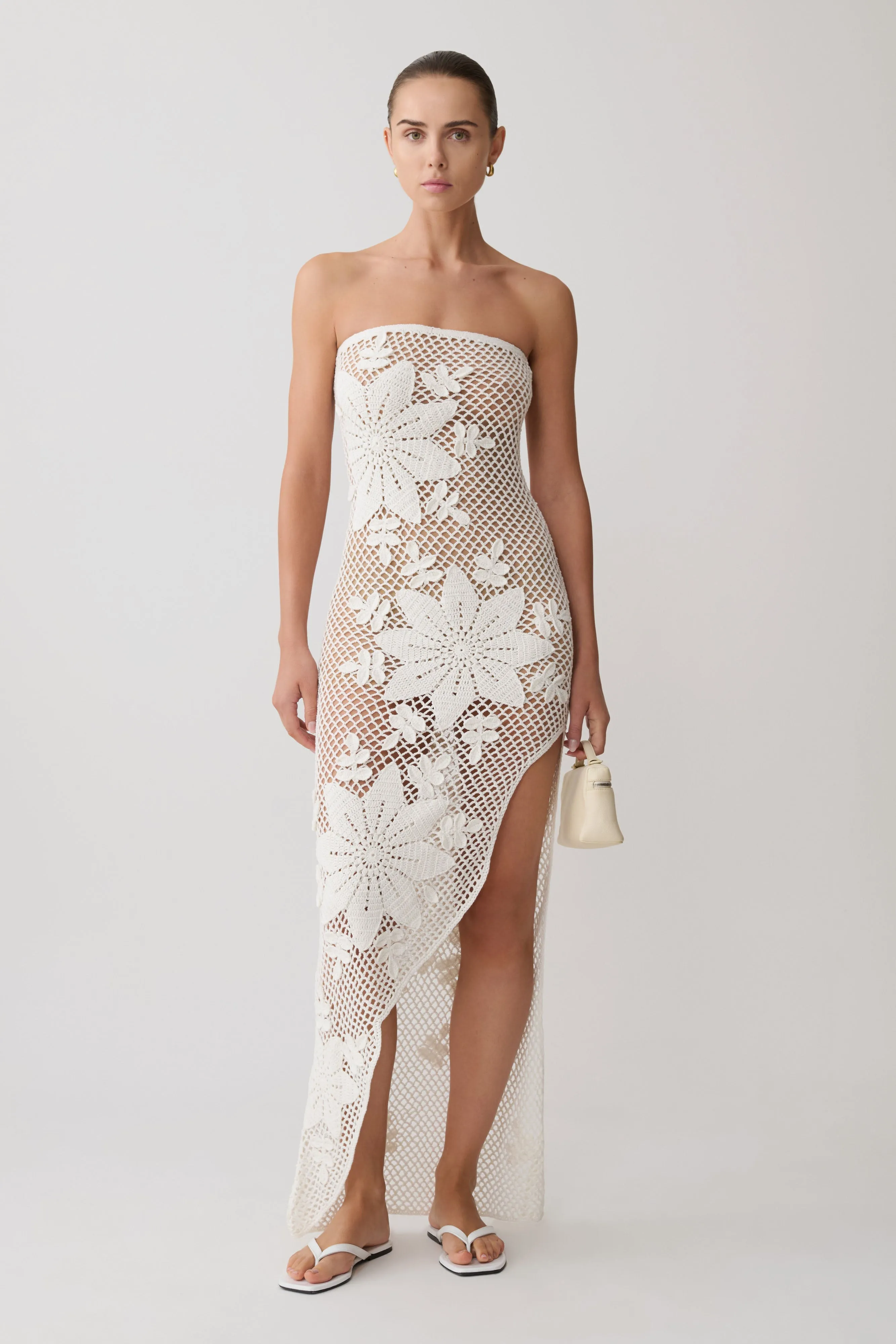 Mandie Hand Crochet Asymmetrical Maxi Dress - White sold by Meshki product image thumbnail 5