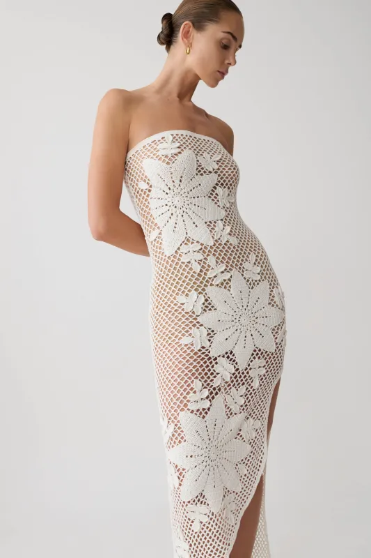 Mandie Hand Crochet Asymmetrical Maxi Dress - White made by Meshki