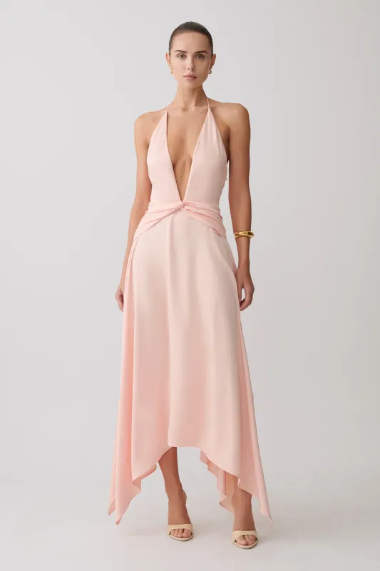 Cyra Plunge Satin Midi Dress - Peach made by Meshki