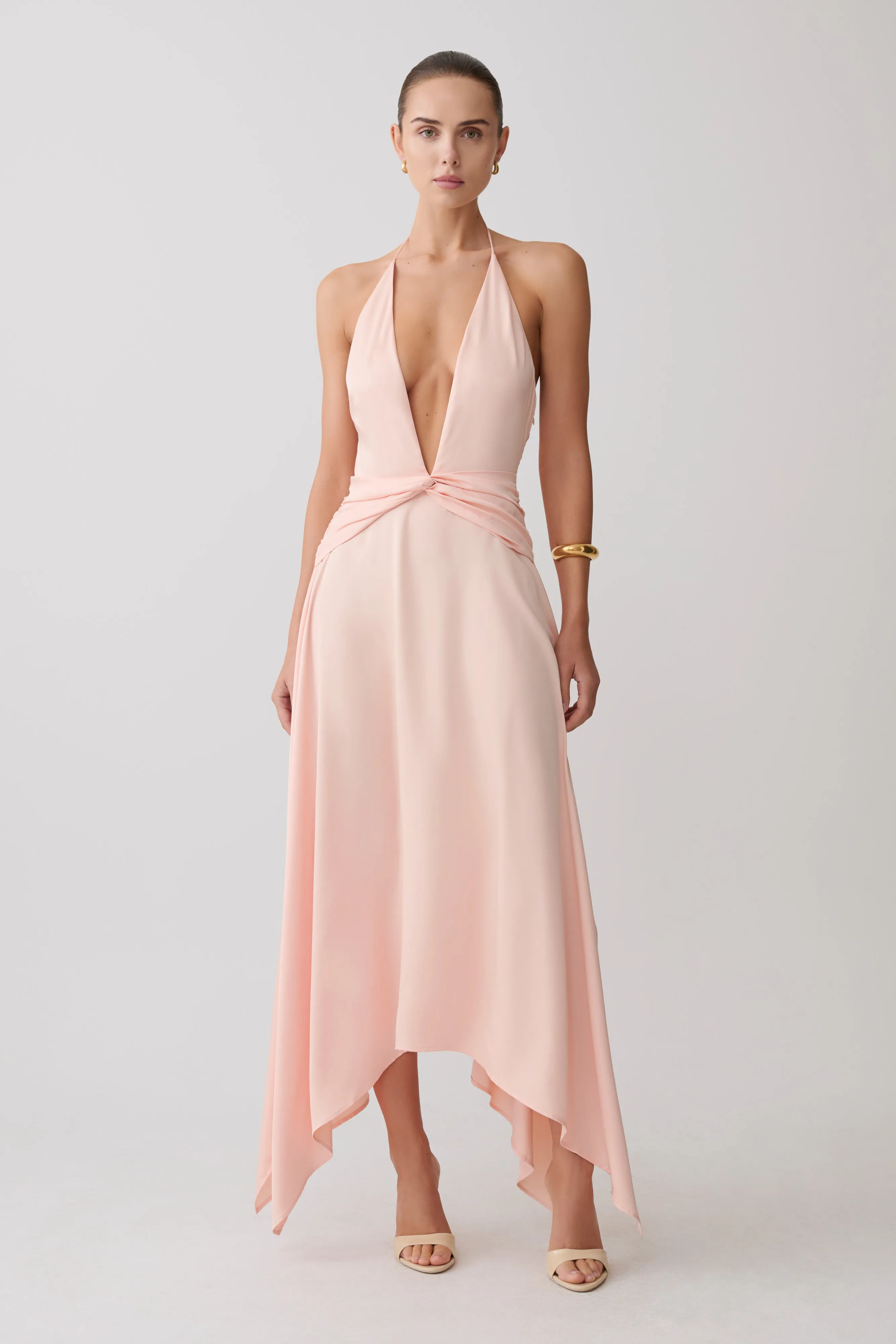 Cyra Plunge Satin Midi Dress - Peach sold by Meshki