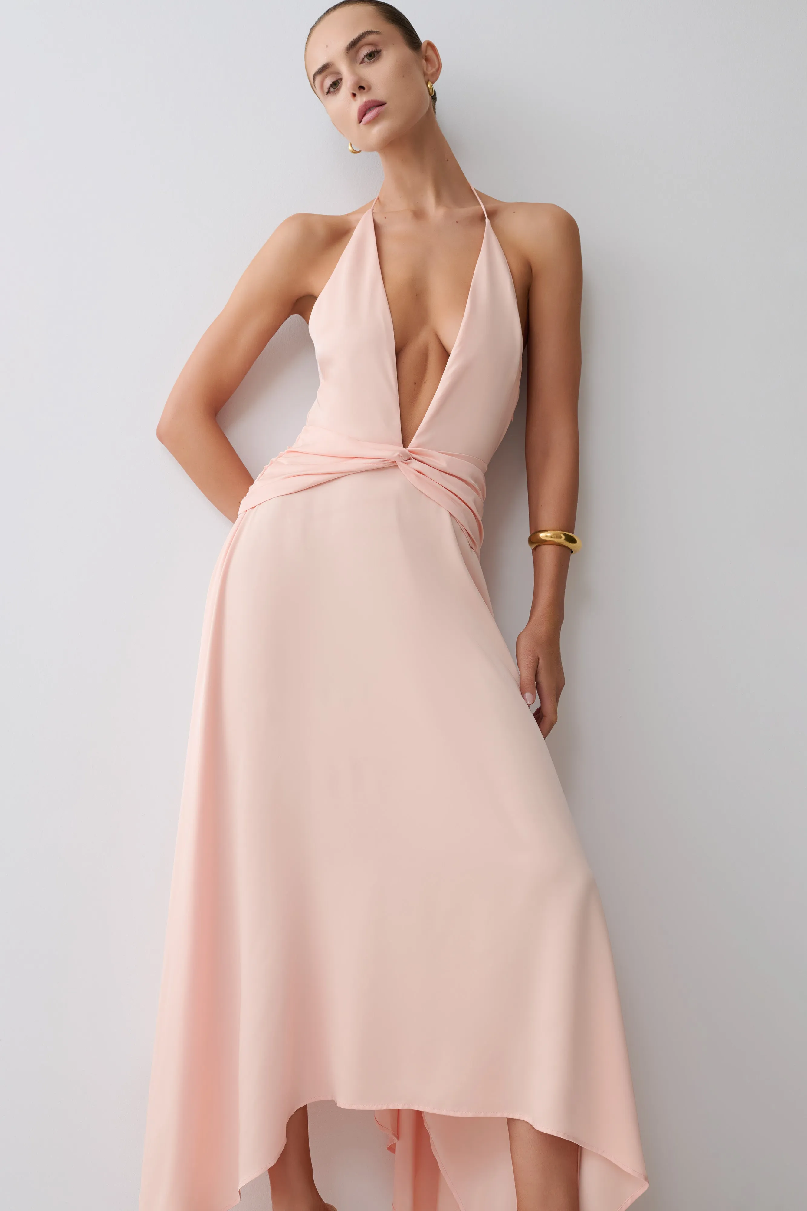 Cyra Plunge Satin Midi Dress - Peach sold by Meshki product image thumbnail 5