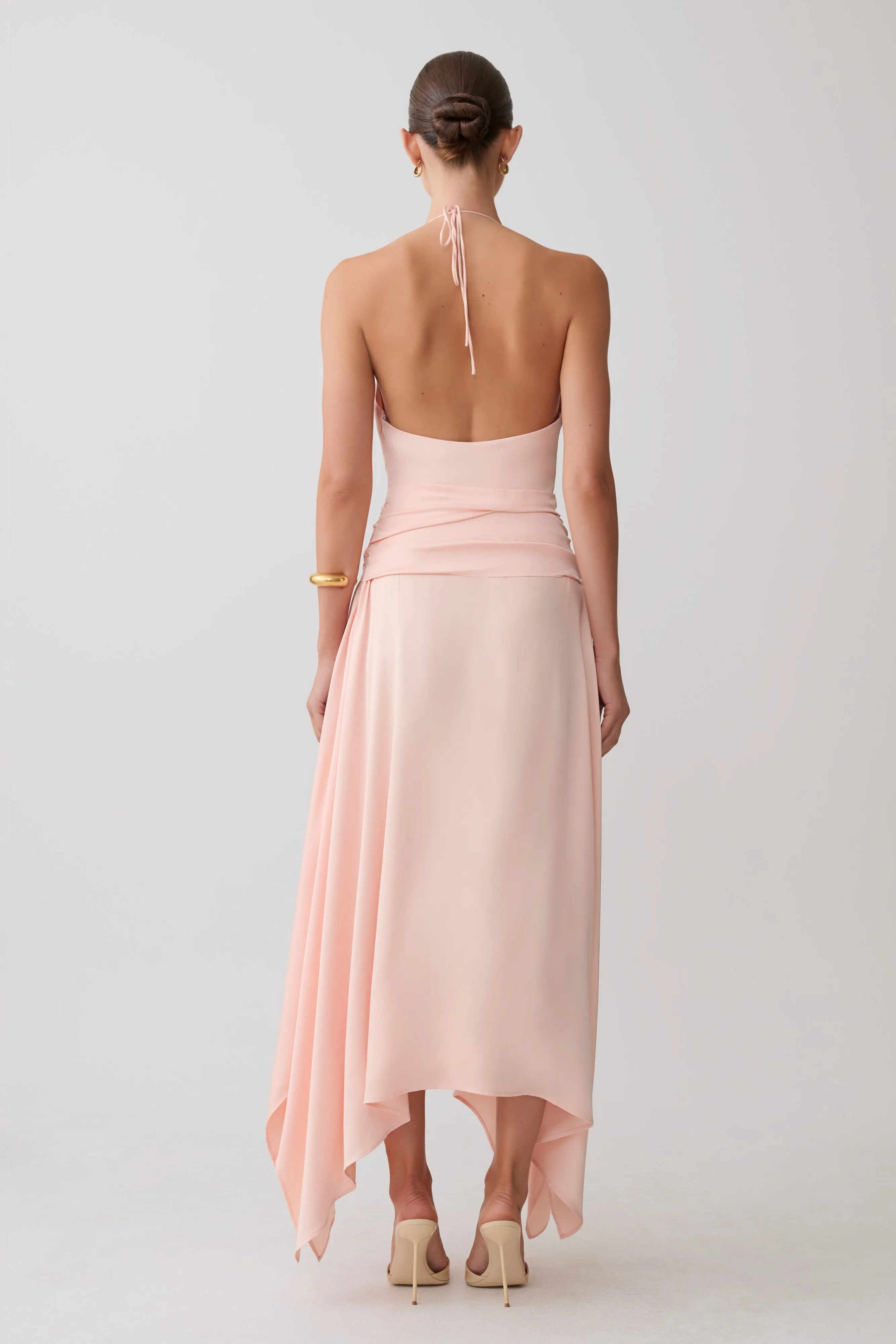 Cyra Plunge Satin Midi Dress - Peach sold by Meshki product image thumbnail 2