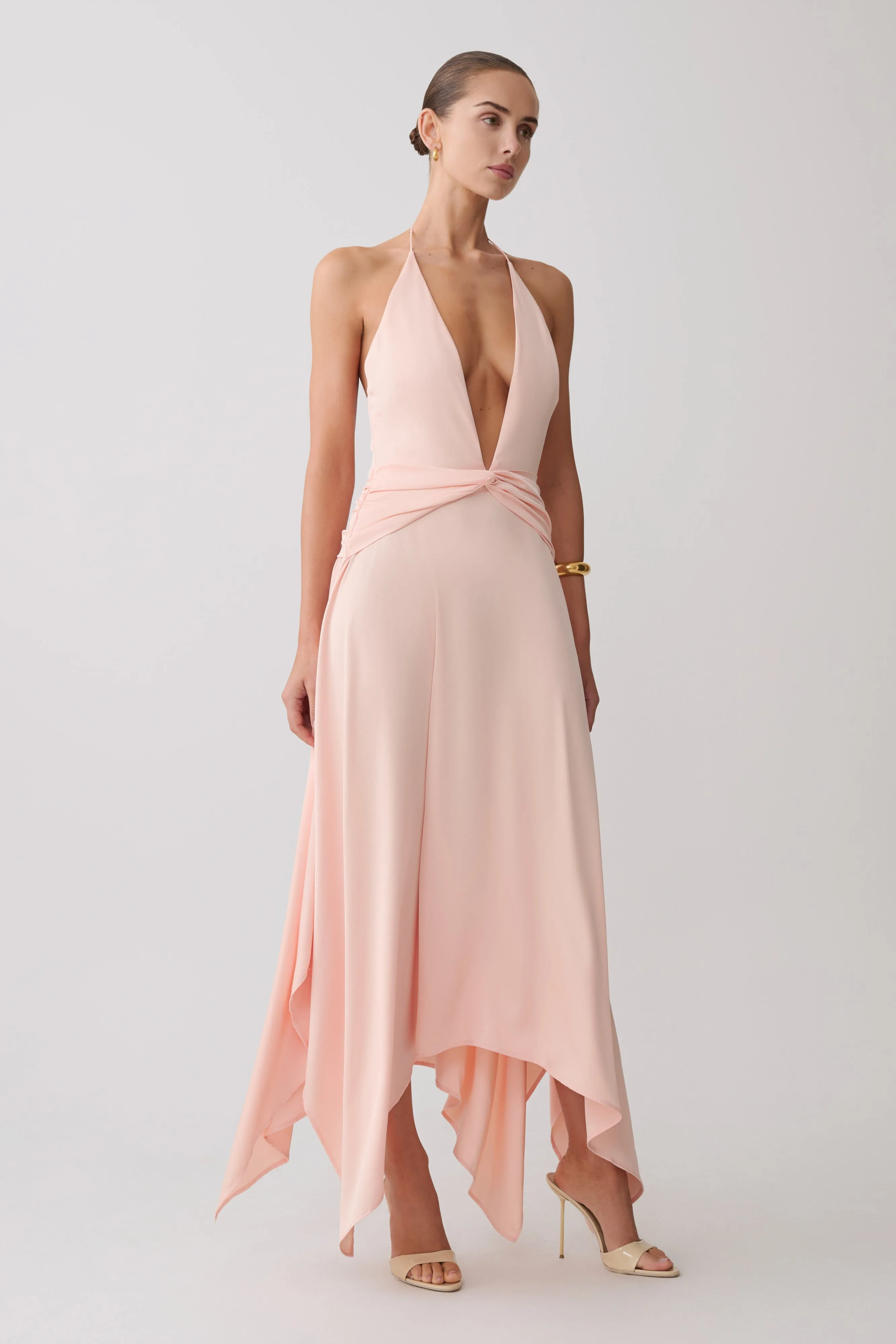 Cyra Plunge Satin Midi Dress - Peach sold by Meshki product image thumbnail 3