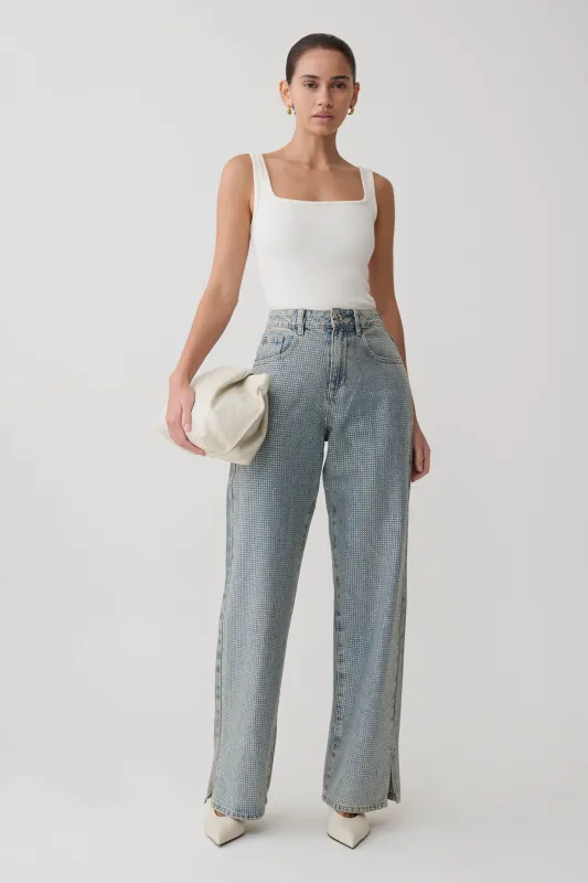 Tyla Diamante Denim Jeans - Blue/Green made by Meshki