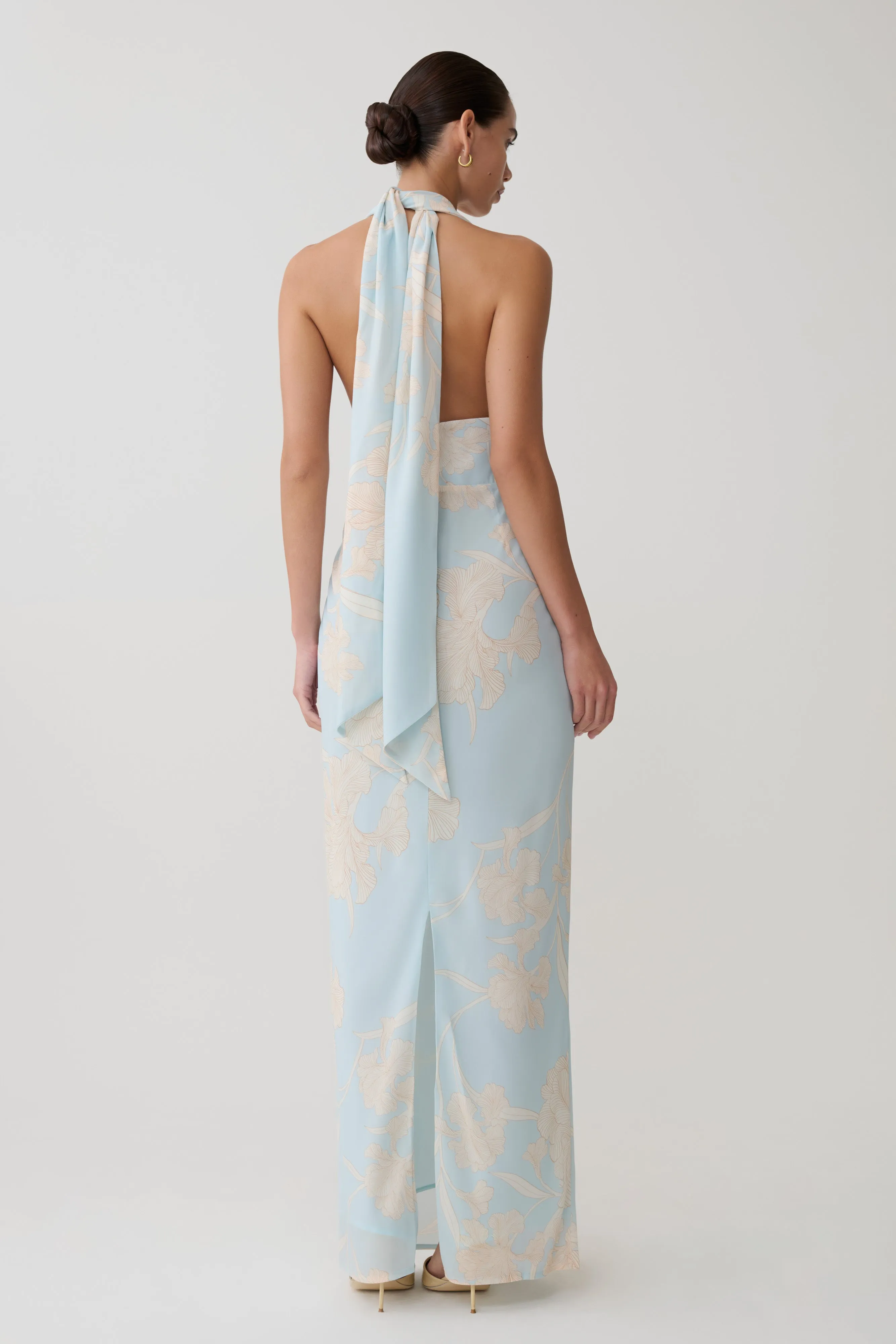 Nadine Halter Scarf Chiffon Maxi Dress - Blue Floral Print sold by Meshki product image thumbnail 3