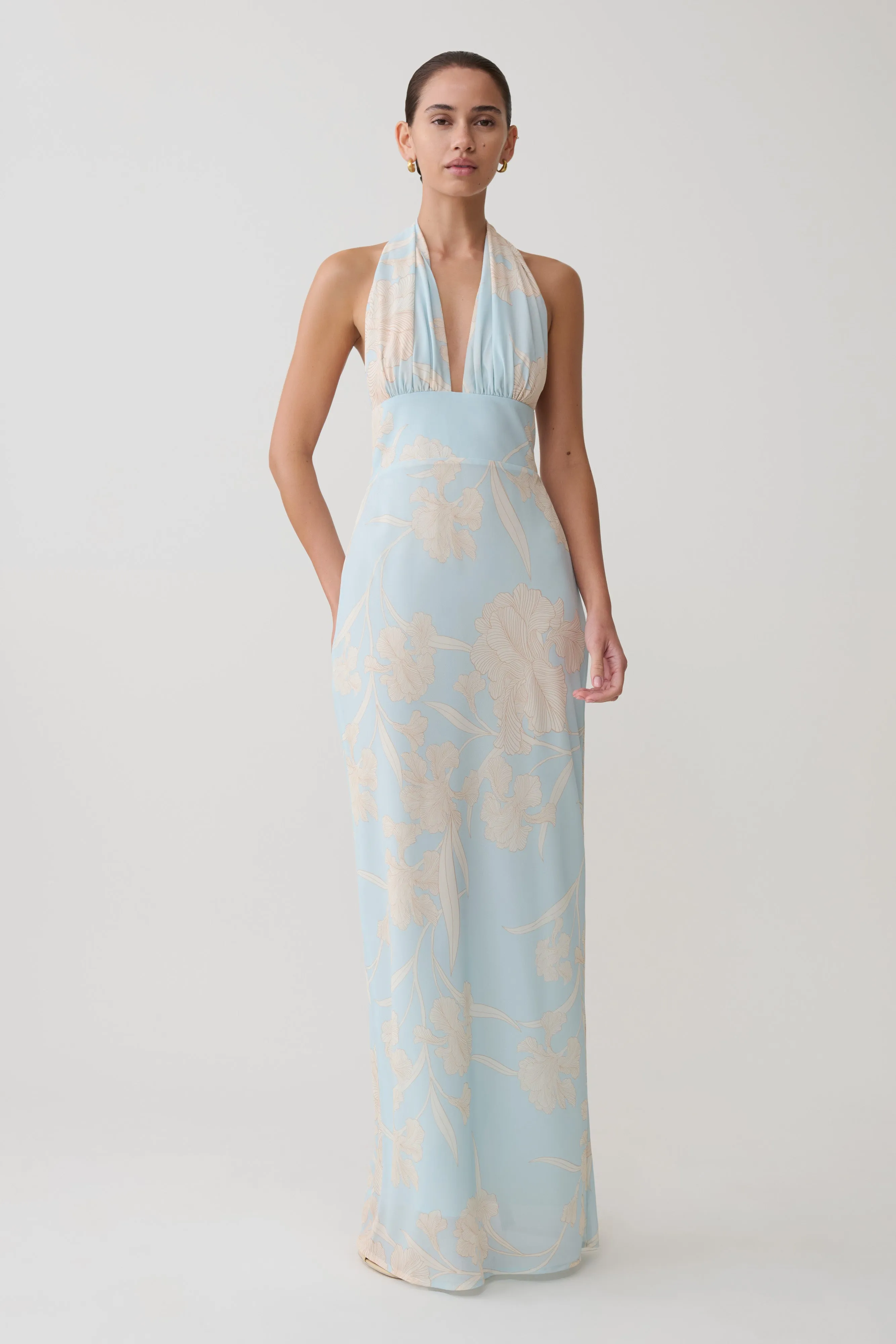 Nadine Halter Scarf Chiffon Maxi Dress - Blue Floral Print sold by Meshki