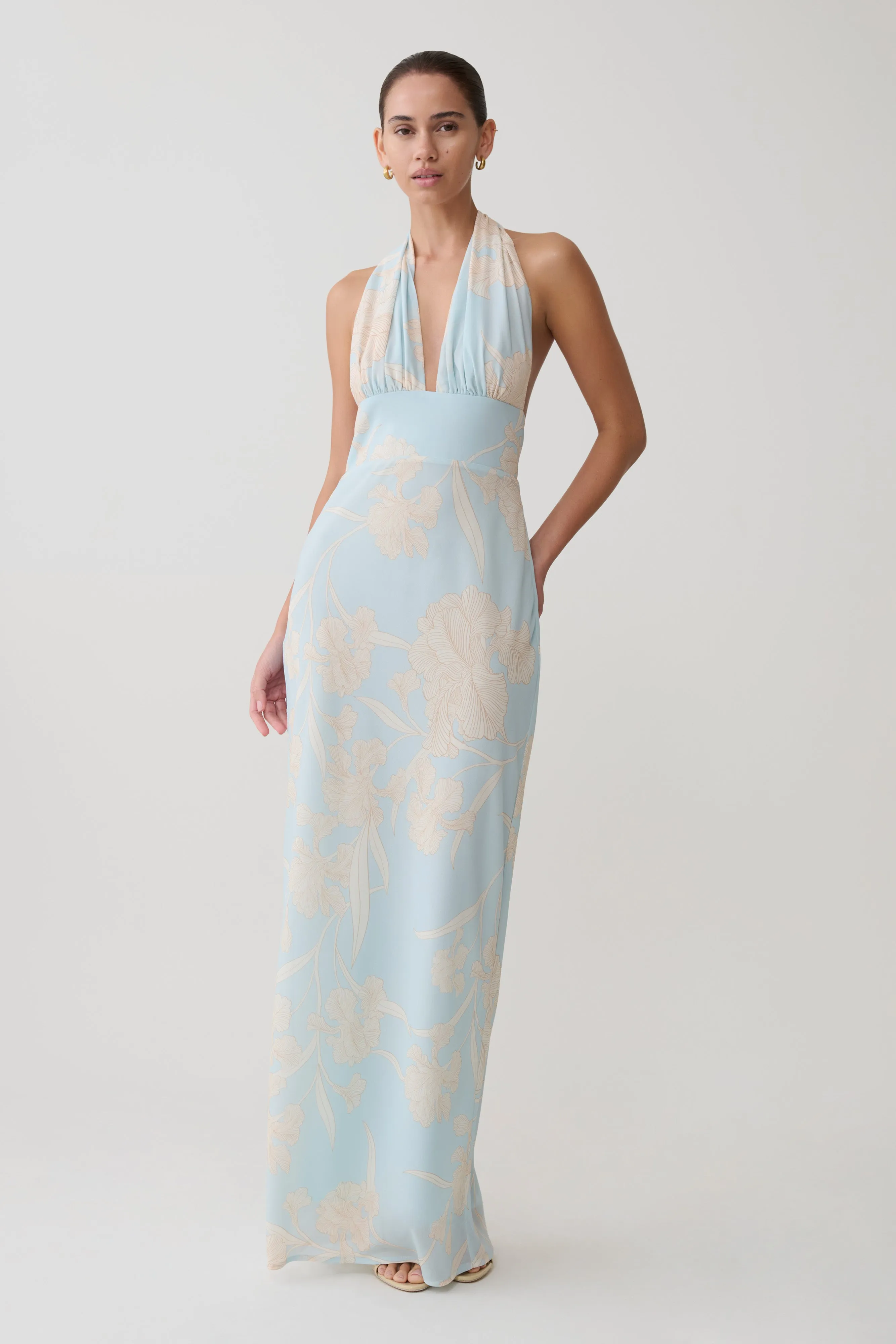 Nadine Halter Scarf Chiffon Maxi Dress - Blue Floral Print sold by Meshki product image thumbnail 5