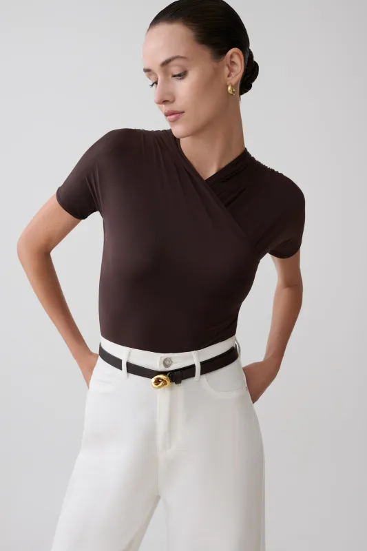 Junie Shortsleeve Cross-Over Bodysuit - Chocolate made by Meshki