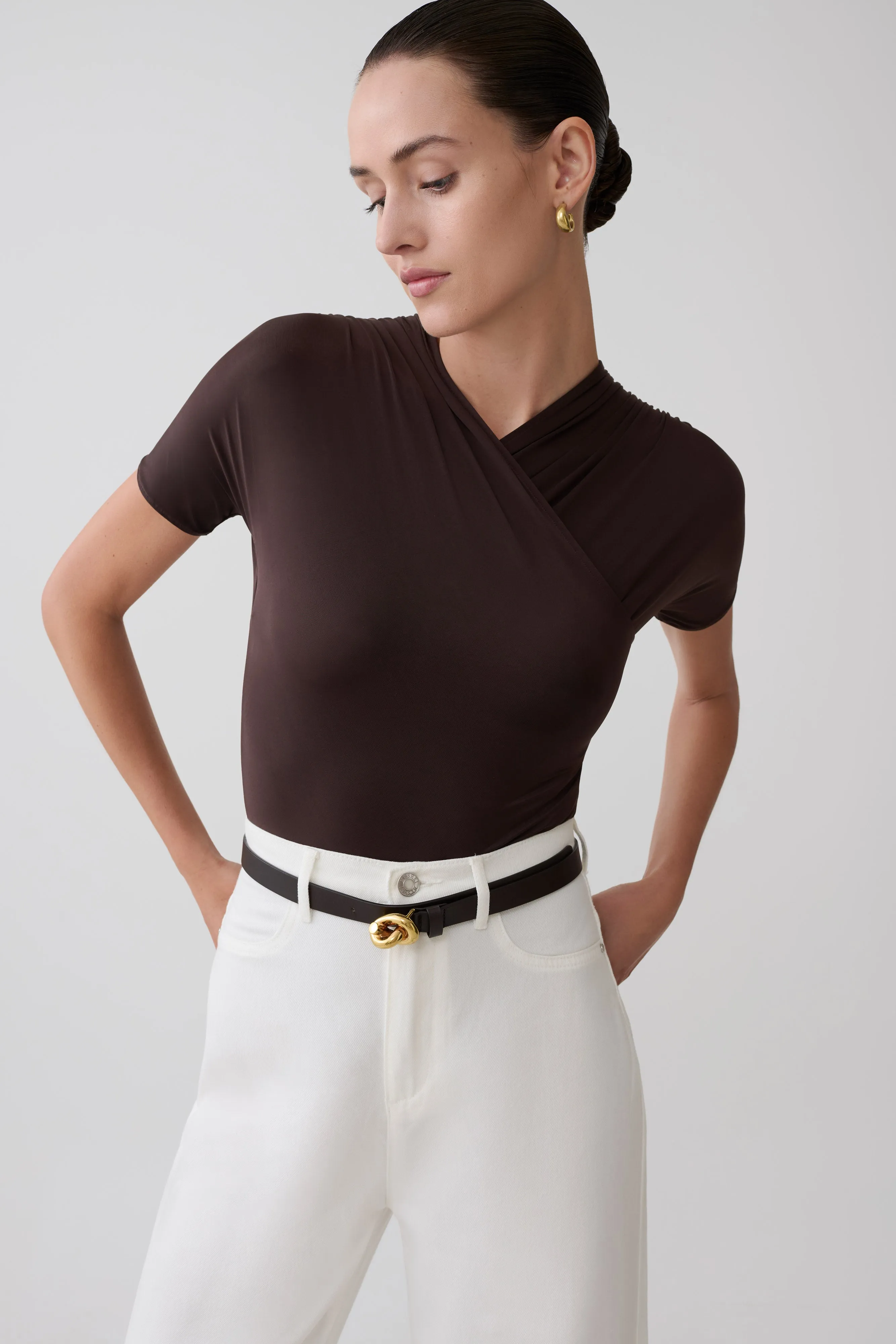 Junie Shortsleeve Cross-Over Bodysuit - Chocolate sold by Meshki