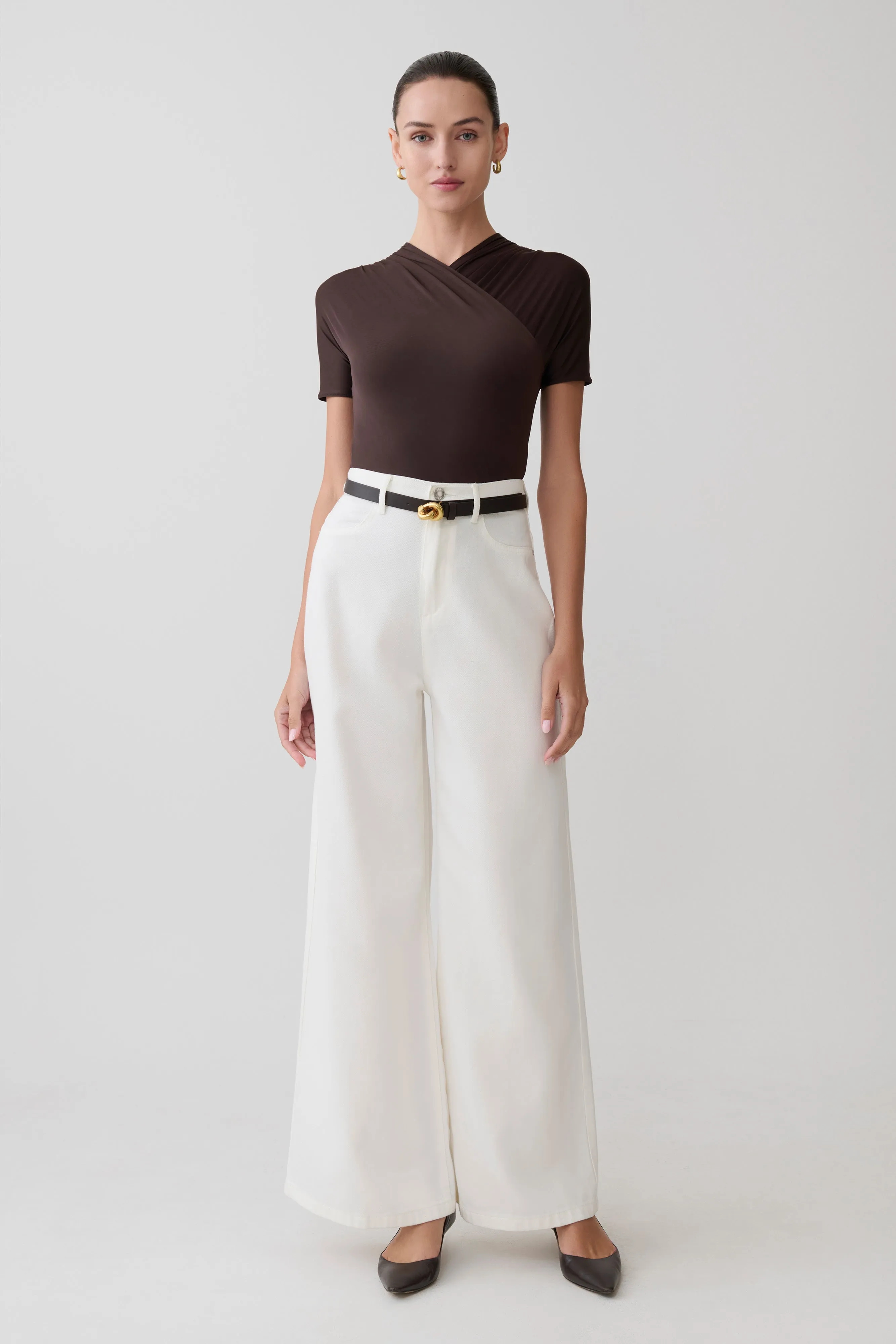 Junie Shortsleeve Cross-Over Bodysuit - Chocolate sold by Meshki product image thumbnail 2