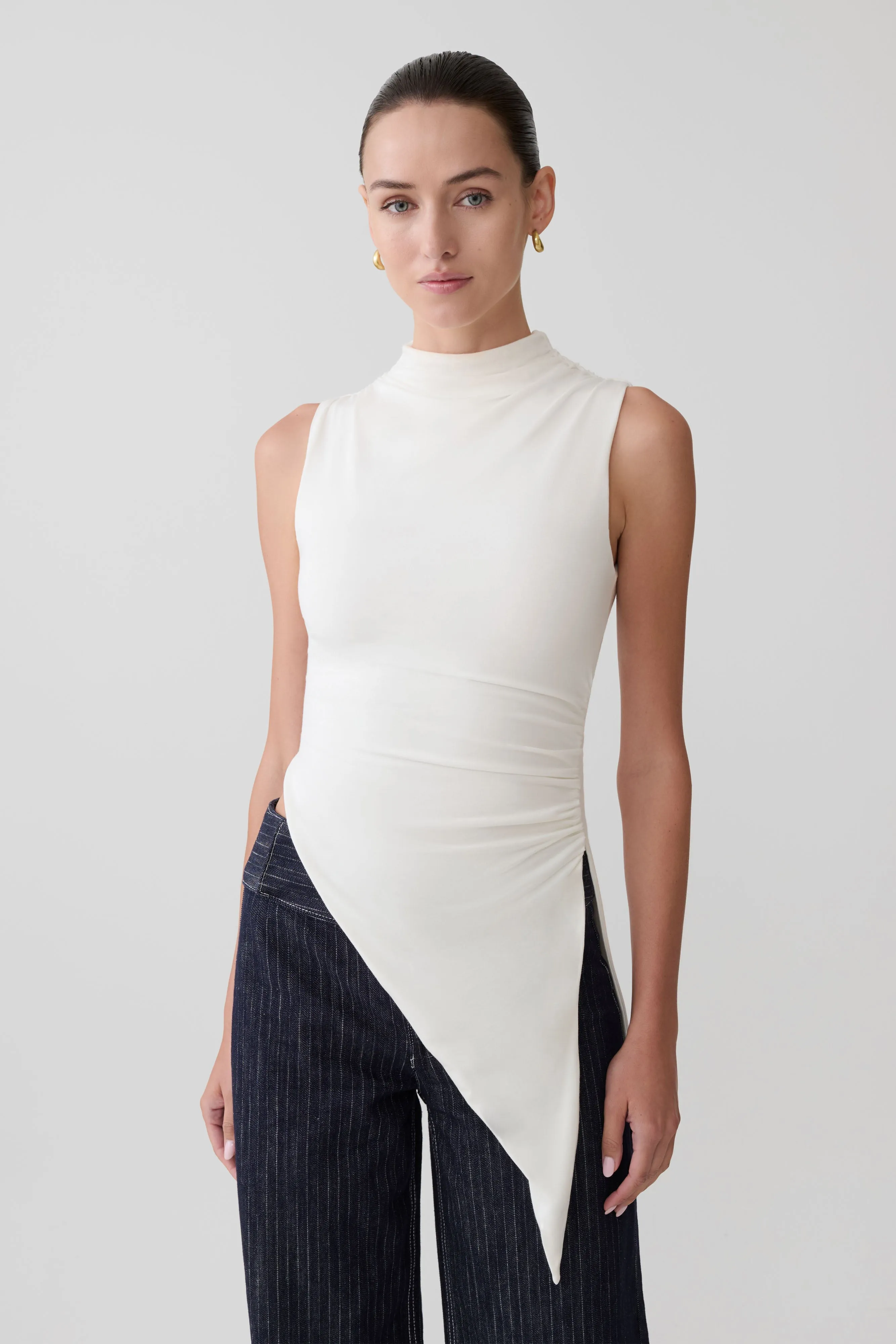 Suong High Neck Gathered Top - White sold by Meshki