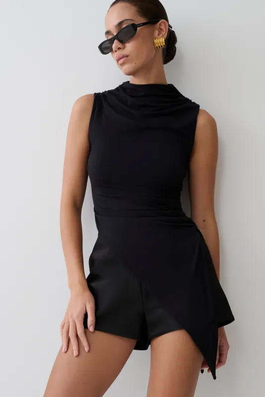 Suong High Neck Gathered Top - Black made by Meshki