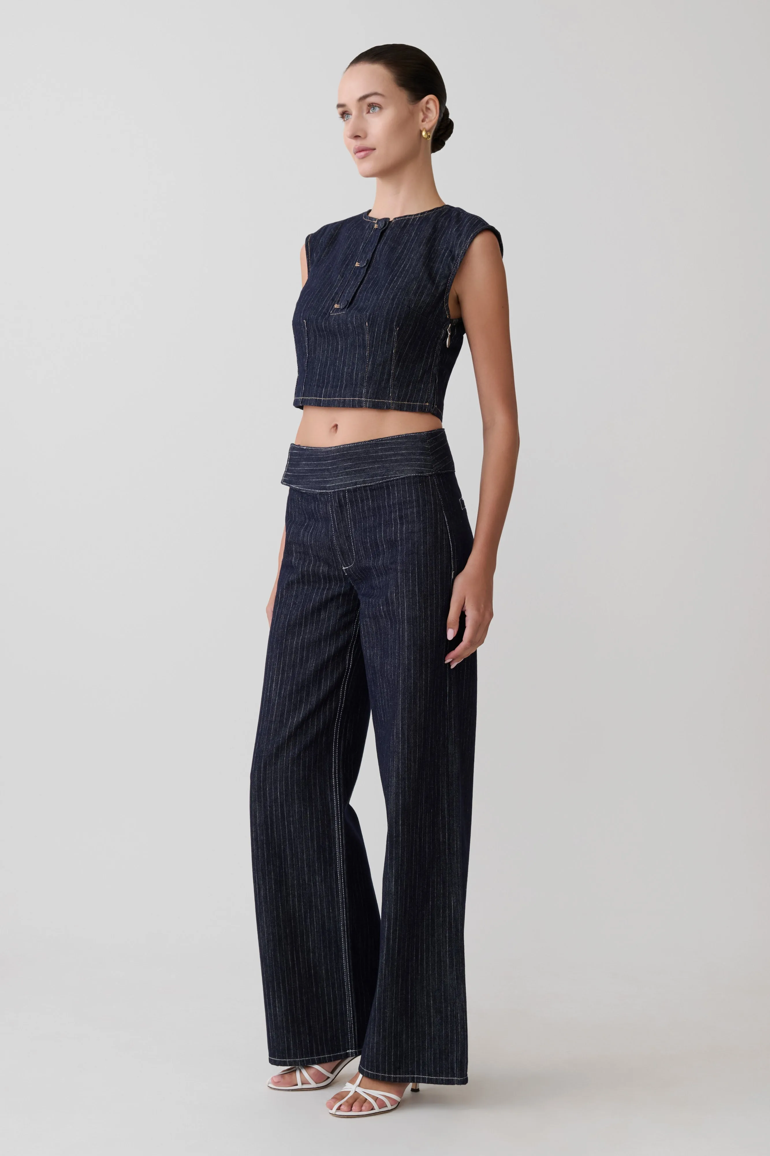 Loraine Sleeveless Denim Top - Indigo Pinstripe sold by Meshki product image thumbnail 5