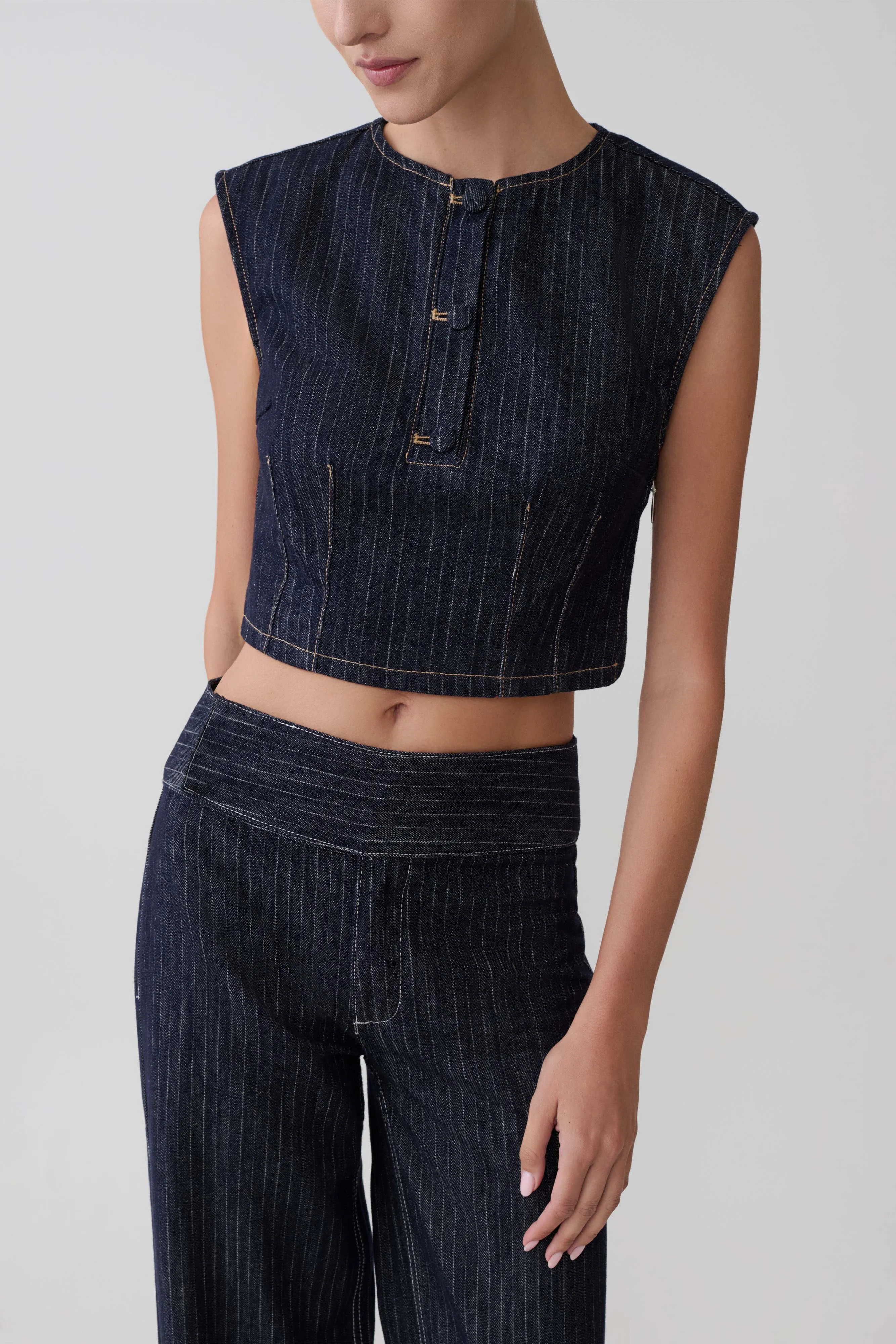 Loraine Sleeveless Denim Top - Indigo Pinstripe sold by Meshki product image thumbnail 2