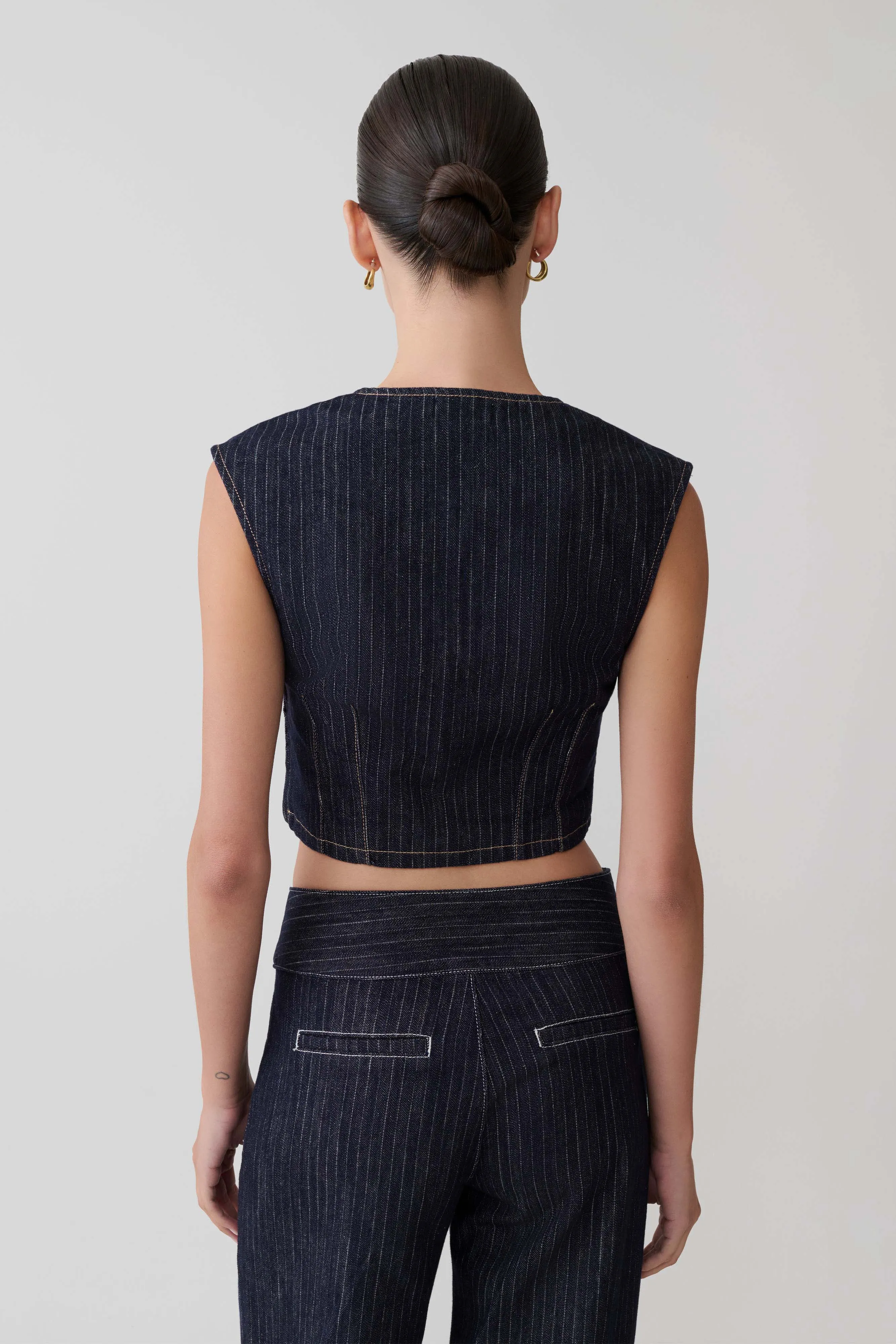 Loraine Sleeveless Denim Top - Indigo Pinstripe sold by Meshki product image thumbnail 3