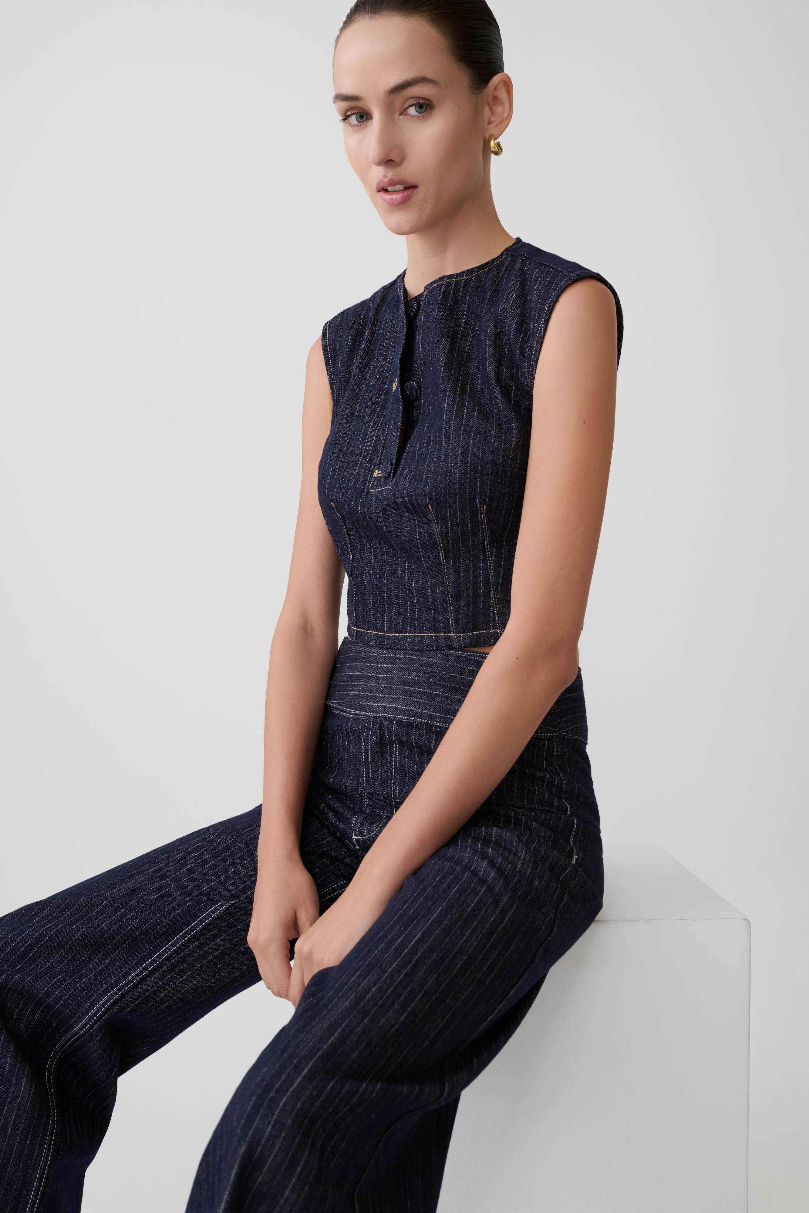 Loraine Sleeveless Denim Top - Indigo Pinstripe sold by Meshki product image thumbnail 4