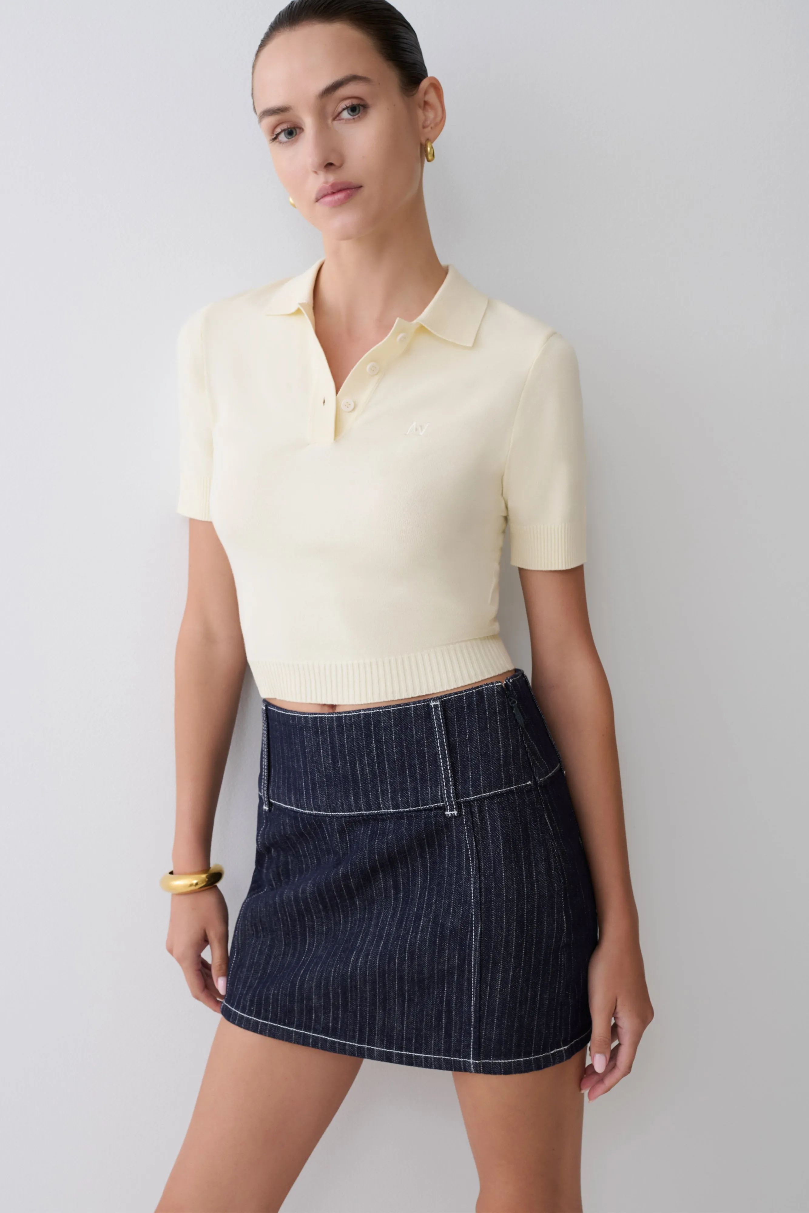 Loraine Mid Rise Denim Mini Skirt - Indigo Pinstripe sold by Meshki