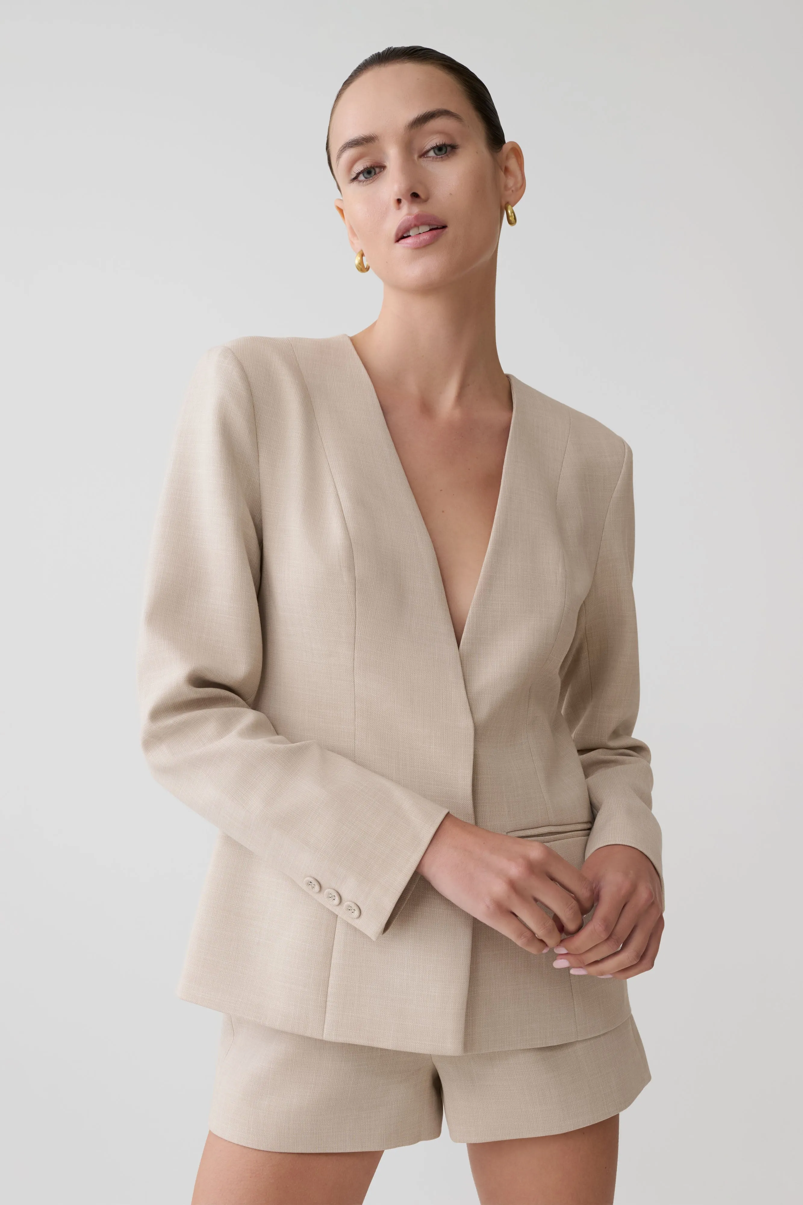 Solenne Collarless Suiting Blazer - Natural Marle sold by Meshki product image thumbnail 3